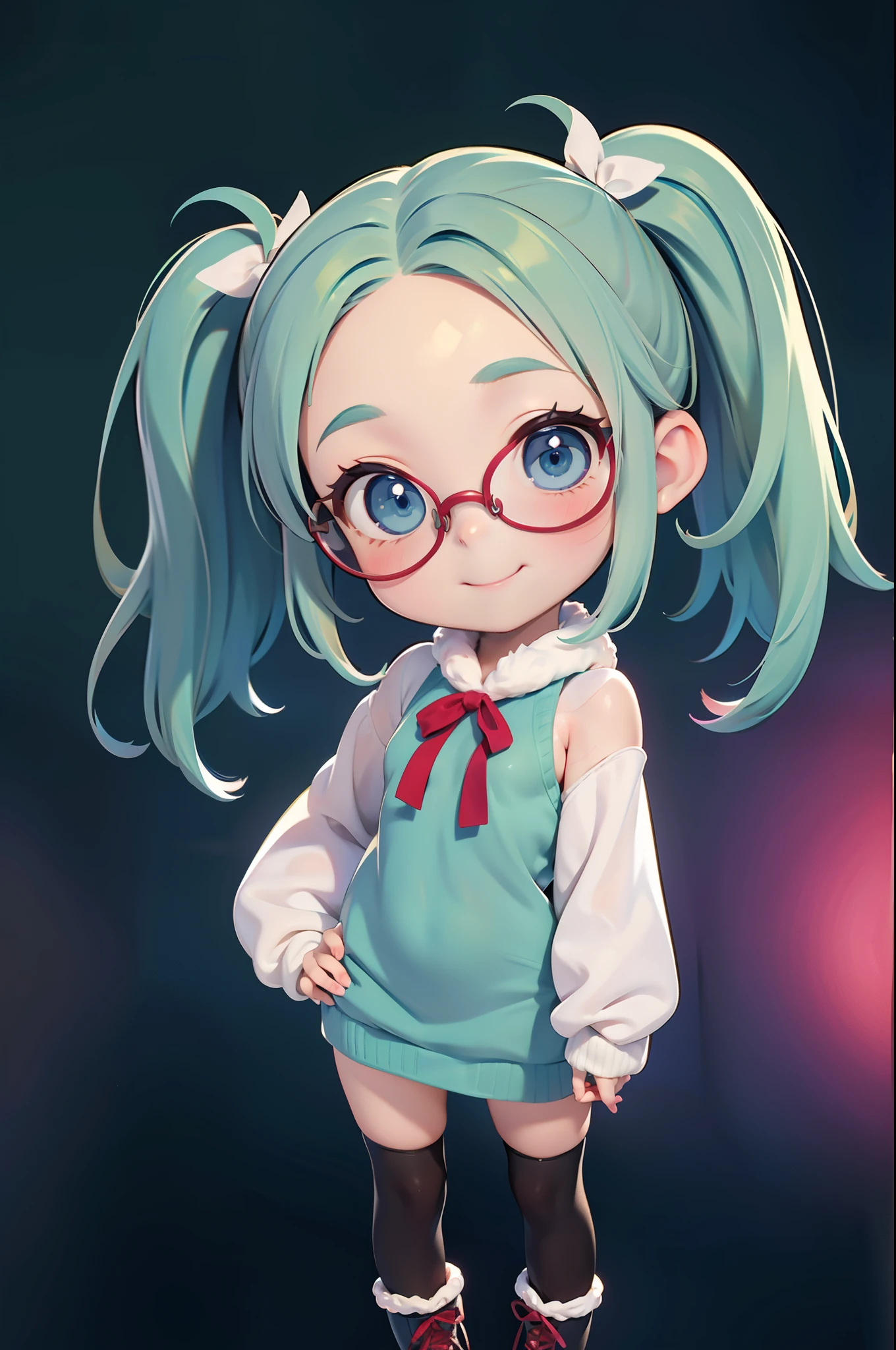 , smiles, (Very small breasts), (deep blue eyes), (Pale green hair, Short hair, forehead, Small pigtails), (red-half-rimed glasses), winter costume with fluff, Warm, fur, Ribboned, knit sweater-in-dress, ribbon tie, Zettai-ryoiki, colorful tights, fur boots, full body Esbian, ​masterpiece, Ultra Quality。