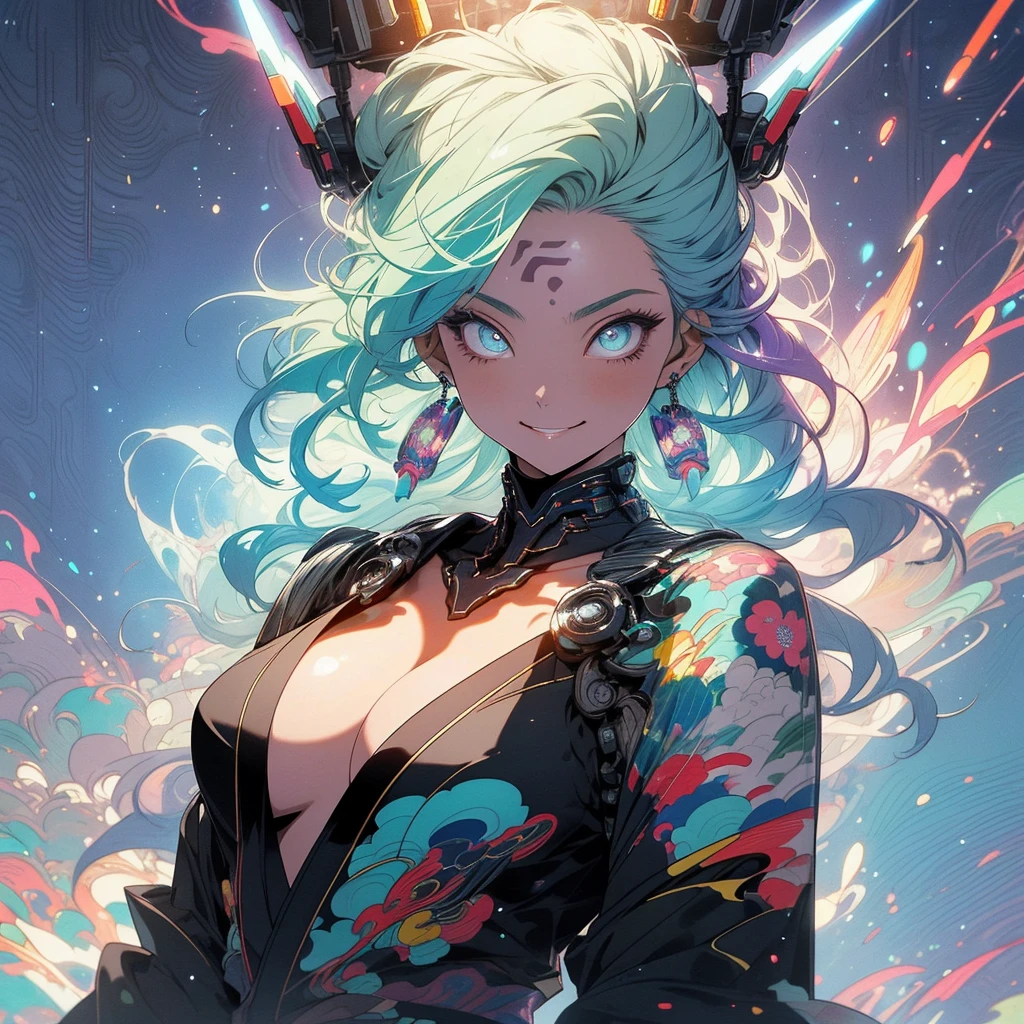 (((highest quality))),(((detailed eyes))),(((32k))),(1 girl),rainbow colored hair,(tattoo),(cyber punk),Rainbow kimono,((Luxurious and gorgeous)),Shiny skin,earrings,flashy,((Super beautiful woman)),(perfect face),Japanese sword,ultimate texture,official art,Ukiyo-e,stylish,photograph,perfect body,smile,Bewitching,Highest image quality,distinct,real,fantasy,(Near the future),ninja,perfect eyes,big breasts,((cleavage)),highlight,挑発的なsmile,stick out tongue,split tongue,((mechanical)),Mecha,サイボーグninja,