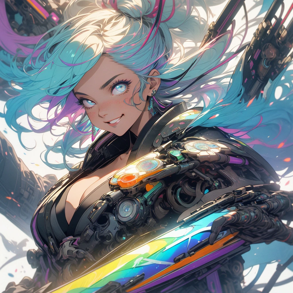(((highest quality))),(((detailed eyes))),(((32k))),(1 girl),rainbow colored hair,(tattoo),(cyber punk),Rainbow kimono,((Luxurious and gorgeous)),Shiny skin,earrings,flashy,((Super beautiful woman)),(perfect face),Japanese sword,ultimate texture,official art,Ukiyo-e,stylish,photograph,perfect body,smile,Bewitching,Highest image quality,distinct,real,fantasy,(Near the future),ninja,perfect eyes,big breasts,((cleavage)),highlight,挑発的なsmile,stick out tongue,split tongue,((mechanical)),Mecha,サイボーグninja,