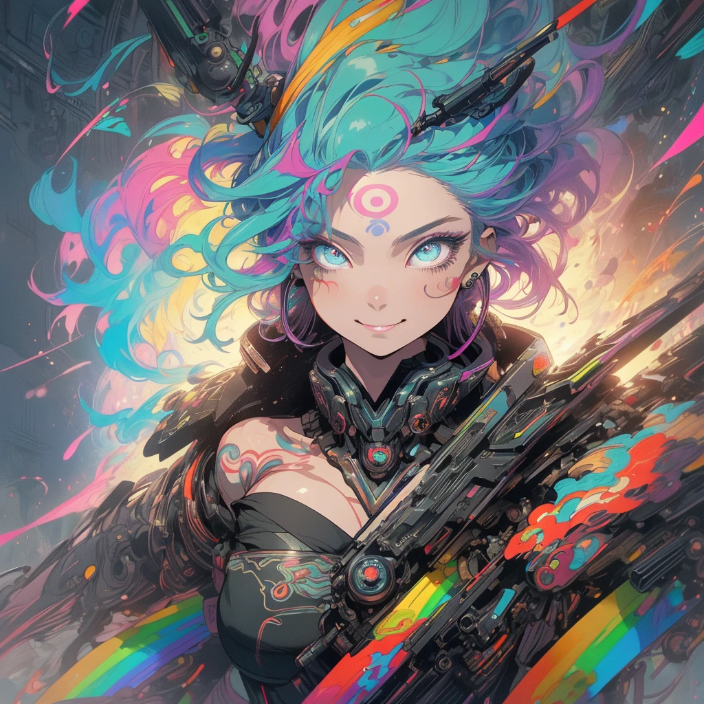 (((highest quality))),(((detailed eyes))),(((32k))),(1 girl),rainbow colored hair,(tattoo),(cyber punk),Rainbow kimono,((Luxurious and gorgeous)),Shiny skin,earrings,flashy,((Super beautiful woman)),(perfect face),Japanese sword,ultimate texture,official art,Ukiyo-e,stylish,photograph,perfect body,smile,Bewitching,Highest image quality,distinct,real,fantasy,(Near the future),ninja,perfect eyes,big breasts,((cleavage)),highlight,挑発的なsmile,stick out tongue,split tongue,((mechanical)),Mecha,サイボーグninja,