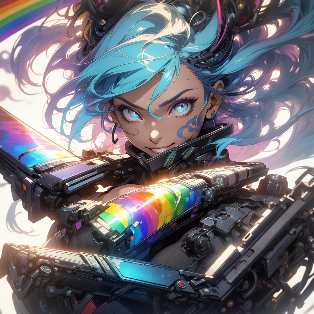 (((highest quality))),(((detailed eyes))),(((32k))),(1 girl),rainbow colored hair,(tattoo),(cyber punk),Rainbow kimono,((Luxurious and gorgeous)),Shiny skin,earrings,flashy,((Super beautiful woman)),(perfect face),Japanese sword,ultimate texture,official art,Ukiyo-e,stylish,photograph,perfect body,smile,Bewitching,Highest image quality,distinct,real,fantasy,(Near the future),ninja,perfect eyes,big breasts,((cleavage)),highlight,挑発的なsmile,stick out tongue,split tongue,((mechanical)),Mecha,サイボーグninja,