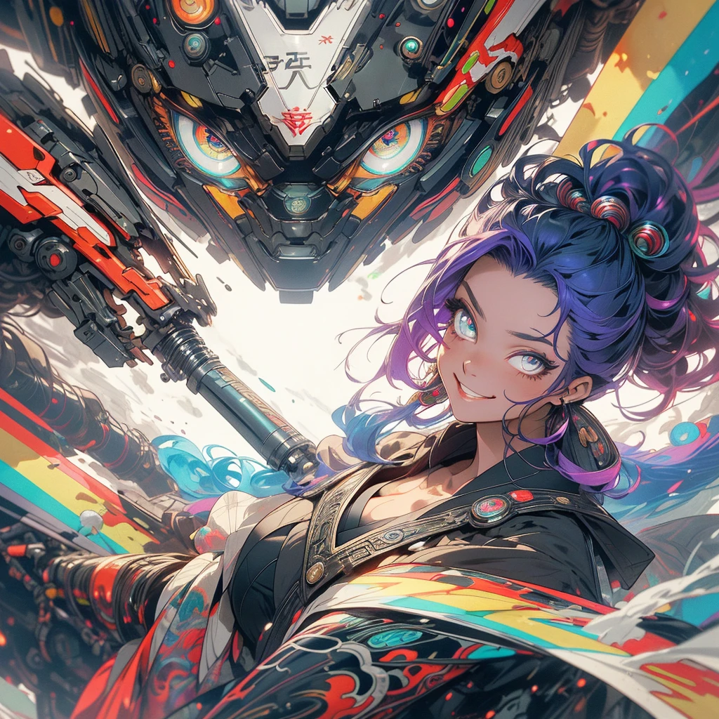 (((highest quality))),(((detailed eyes))),(((32k))),(1 girl),rainbow colored hair,(tattoo),(cyber punk),Rainbow kimono,((Luxurious and gorgeous)),Shiny skin,earrings,flashy,((Super beautiful woman)),(perfect face),Japanese sword,ultimate texture,official art,Ukiyo-e,stylish,photograph,perfect body,smile,Bewitching,Highest image quality,distinct,real,fantasy,(Near the future),ninja,perfect eyes,big breasts,((cleavage)),highlight,挑発的なsmile,stick out tongue,split tongue,((mechanical)),Mecha,サイボーグninja,