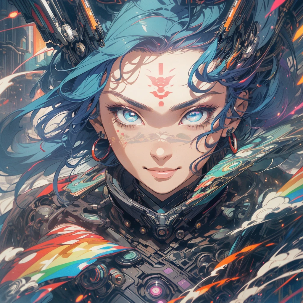 (((highest quality))),(((detailed eyes))),(((32k))),(1 girl),rainbow colored hair,(tattoo),(cyber punk),Rainbow kimono,((Luxurious and gorgeous)),Shiny skin,earrings,flashy,((Super beautiful woman)),(perfect face),Japanese sword,ultimate texture,official art,Ukiyo-e,stylish,photograph,perfect body,smile,Bewitching,Highest image quality,distinct,real,fantasy,(Near the future),ninja,perfect eyes,big breasts,((cleavage)),highlight,挑発的なsmile,stick out tongue,split tongue,((mechanical)),Mecha,サイボーグninja,