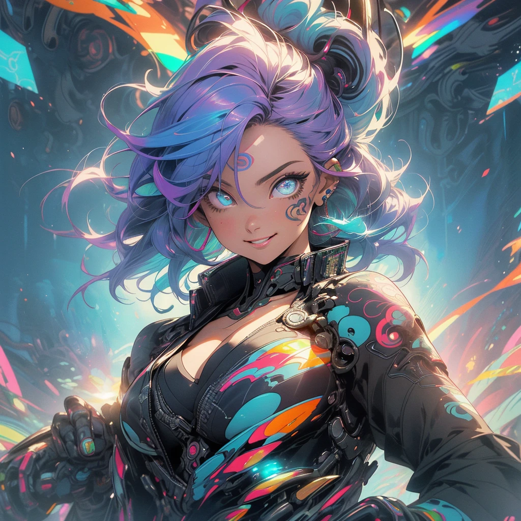 (((highest quality))),(((detailed eyes))),(((32k))),(1 girl),rainbow colored hair,(tattoo),(cyber punk),Rainbow kimono,((Luxurious and gorgeous)),Shiny skin,earrings,flashy,((Super beautiful woman)),(perfect face),Japanese sword,ultimate texture,official art,Ukiyo-e,stylish,photograph,perfect body,smile,Bewitching,Highest image quality,distinct,real,fantasy,(Near the future),ninja,perfect eyes,big breasts,((cleavage)),highlight,挑発的なsmile,stick out tongue,split tongue,((mechanical)),Mecha,サイボーグninja,