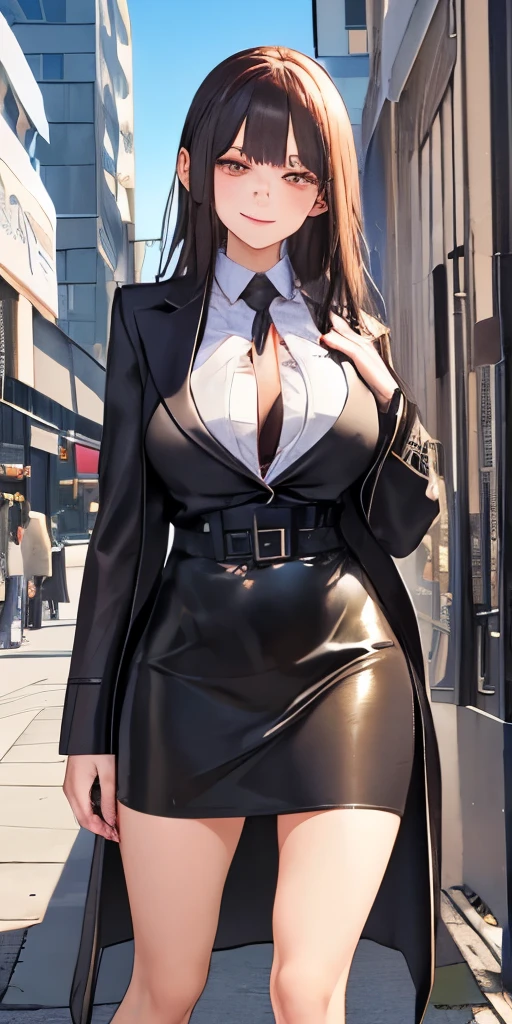 (masterpiece: 1.6, 最high quality、詳細なbackground、detailed person), (fine and beautiful eyes: 1.2), (overhead), high quality, beautiful face, 1 girl, Leather tight skirt, extra large leather jacket, big breasts, long hair, wide hips, (landscaped), street, background, Detail background, Creepy grin, smile at the corner of the mouth, long coat, shirt, tie, office lady, mature、bustling street、(Exquisite beauty、exquisite female body、fascinating cleavage、Enchanted foothills)