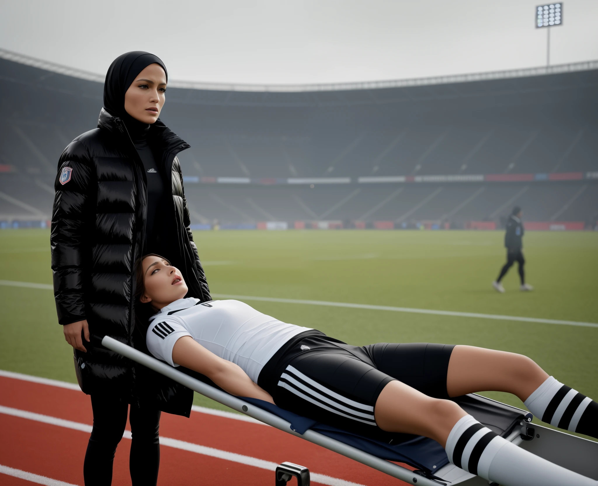 a man on a stretcher, a laquered Moncler downcoat made from very shiny patent fabric, lacquered and very shiny Moncler down coat, Woman in hijab wearing a man on a soccer field, Realistische Szene, realistische Aufnahme, Ein hyperrealistisches, Detaillierte Szene, a very smooth and very shiny and very glossy padded Moncler down coat, His hands cover his face, The man held his hands in front of his face, Both hands are in front of his face, Bald man on a stretcher, die von einer Frau getragen wird, A football scene in a stadium in Italy , Gargling woman in shiny black plastic coat in front of us with angry face and extremely horrified and desperate expression on her face from right to left across the football field, Frau, who wears a stretcher in a horizontal orientation, on which lies an injured footballer in dull and dusty blue sportswear, The footballer lies sideways on the stretcher, the legs slightly bent and the upper body turned towards us, and has both arms bent and his hands in front of his face, The footballer's head on the stretcher lies close to the women's deep black plastic coat and is covered by the footballer's arms and hands, The footballer in the Cotton Sportswear mat has his hands clasped in front of his face in pain, eine Aura des Schmerzes und der Traurigkeit ausstrahlend, The beautiful woman in the shiny black plastic coat carries the injured soccer player on the stretcher, which she carries across the soccer field in front of our eyes, In the background you can see the occupied stands of a football stadium, A football match in Italy, Sportverletzung, Transport auf der Trage, Jennifer Lopez, high res photo, Ultra-realistisches Foto, Fotorealistische Aufnahme, Super high-resolution and sharp photo, Shiny black plastic burqa, Bester Schuss, Beeindruckendes Gewinnerfoto, realistische Aufnahme, Perfekter Schuss, verletzt, Intensiver Moment, 📷