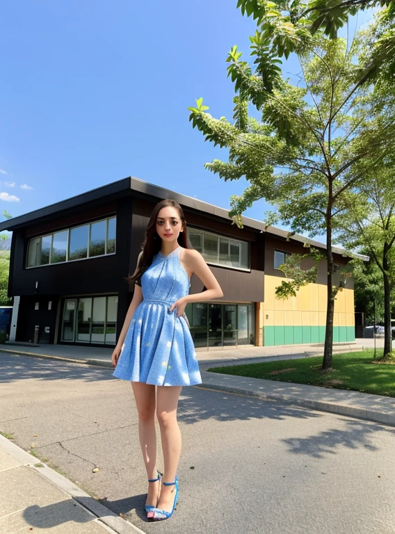there is a woman standing on a sidewalk in a blue dress, dilraba dilmurat, on a sunny day, in sunny weather, style of julia razumova, anna nikonova aka newmilky, olga buzova, ekaterina, krystal, in a sunny day, blue-white dress, gorgeous lady, jovana rikalo