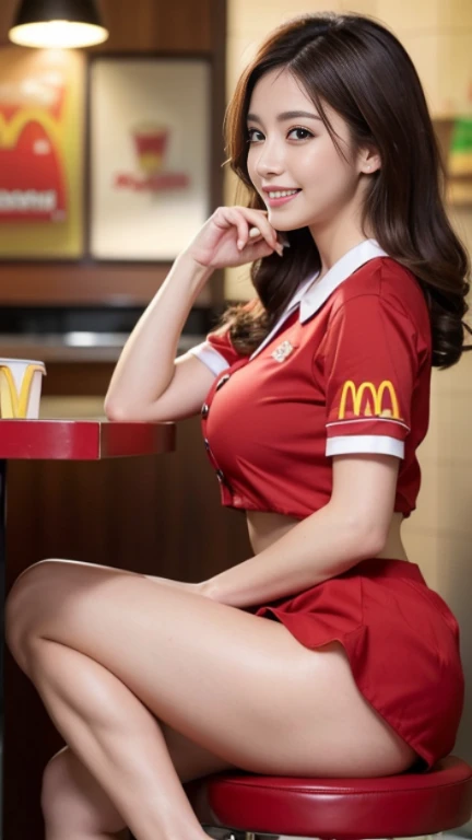 (Super beautiful)、(beauitful face:1.1)、McDonald's salesperson、Clear pubic contours,spreads her legs、(white panties:1.1)、(McDonald's Uniforms)、Inside a McDonald's store、(At SFW:1.1)
