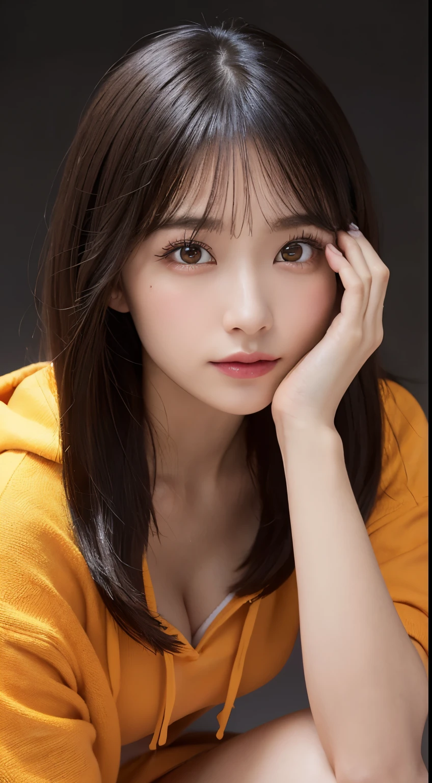 Innocent 16 year old girl、((Street fashion,Wearing a random colored oversized hoodie,very short shorts,dramatic pose)),Orange clothes、orange hair、short trousers of black color、cute face,bright eyes,tear bag,shy smile,shortcut,RAW photo, (8K、highest quality、masterpiece:1.2)、(intricate details:1.4)、(realistic:1.4)、octane rendering、Intricate 3D rendering Super detaileded, soft light in the studio, rim light, vivid details, Super detailed, realistic skin texture, face, beautiful detailed eyes, Highly detailed CG Unity 16k wallpaper, compensate, (detailed background:1.2), shiny skin, whole body、Draw from head to foot、cleavage,((Squat with your knees bent,M-shaped legs))、bright background、(highest quality:1.0), (realistic:1.0), (8K, RAW photo:1.1), (8k非常にbe familiar withなCGユニットの壁紙), (highest quality), (best illustrations), (best shadow), (be familiar with: 1.4), 3D, HDR (high dynamic range), ray tracing, NVIDIA RTX, super resolution, Scattered beneath the surface, PBR texture, Post-processing, anisotropic filtering, written boundary depth, maximum sharpness and acutance, multilayer texture, Albedo and highlight mapping, surface shading, Accurate simulation of light-matter interactions, perfect proportions, octane rendering, surreal、Photographed with Canon EOS R5、50mm lens、f / 2.8
