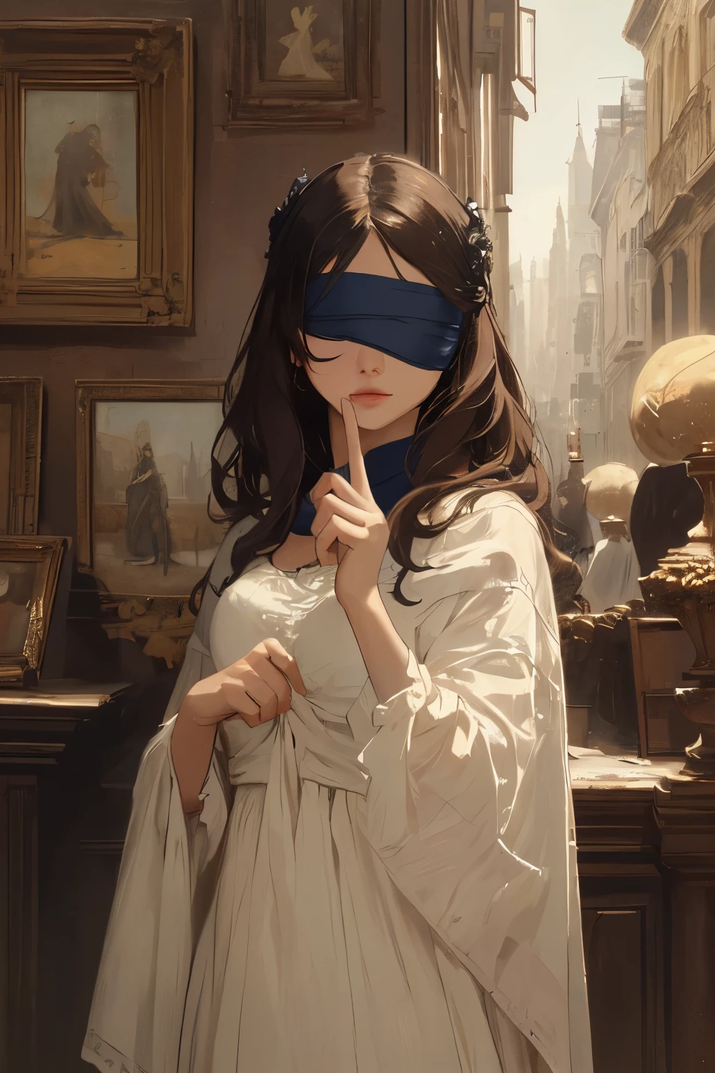 there is a woman with a blindfold on her face, masterpiece, best quality, extremely detailed,Max Ernst,La Femme 100 têtes,night,absurd art,Surrealism,1woman,realistic,put her index finger on her lips,blindfold her eys with cloth, secret