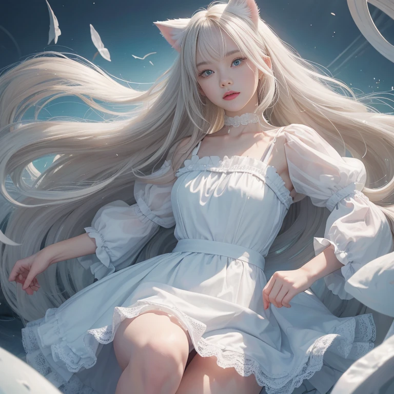 bright look、photorealism、highest quality、ultra high resolution、photograph、絶妙に美しい北欧生まれの女の子のphotograph、extraordinary beautiful girl、Detailed cute and beautiful face、(Pure Eros Face_v1:0.008)、beautiful bangs、alice in wonderland、18-year-old、glowing white shiny skin、Flow of hair that extends to the face、bangs between the eyes、super long hair、Attractive light and dark platinum blonde super long straight silky hair、thin hair、Charming shining beautiful bright clear light blue big eyes、white apron、yellow dress、eyeliner、double eyelids、rich bust、two girls、cat ears、Laughter、short skirt、White lace underskirt、pink panties、