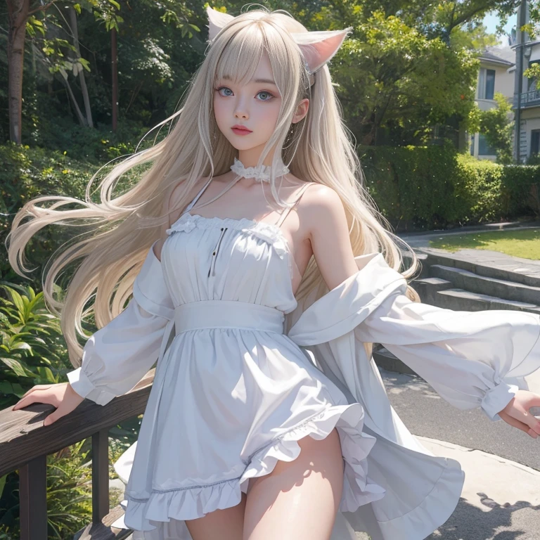bright look、photorealism、highest quality、ultra high resolution、photograph、絶妙に美しい北欧生まれの女の子のphotograph、extraordinary beautiful girl、Detailed cute and beautiful face、(Pure Eros Face_v1:0.008)、beautiful bangs、alice in wonderland、18-year-old、glowing white shiny skin、Flow of hair that extends to the face、bangs between the eyes、super long hair、Attractive light and dark platinum blonde super long straight silky hair、thin hair、Charming shining beautiful bright clear light blue big eyes、white apron、yellow dress、eyeliner、double eyelids、rich bust、two girls、cat ears、Laughter、short skirt、White lace underskirt、pink panties、