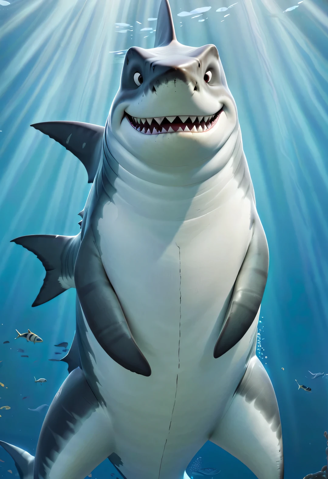 (role conception), Has a very unified CG design. in animated movies "shark tale", The leader of the gang, Jaws Reno, Is a powerful leader of the deep sea. Jaws Reno is a large and majestic great white shark, Dark blue skin，covered with white scars. These scars bear witness to his numerous battles and victories. His eyes are cold silver, Shining with cunning and wisdom. his teeth are sharp，Enough to easily tear apart any enemy who dares to challenge him. He wears many gold and silver ornaments, Set with red gemstones. his necklace and a pair of gold sunglasses, His tail is strong and powerful, Demonstrate tremendous power and control with every swing. His appearance is very impressive. Renault Great White Shark is powerful, domineering, and domineering gang leader, with cartoon, Pixar, Japanese cartoons, and disney,