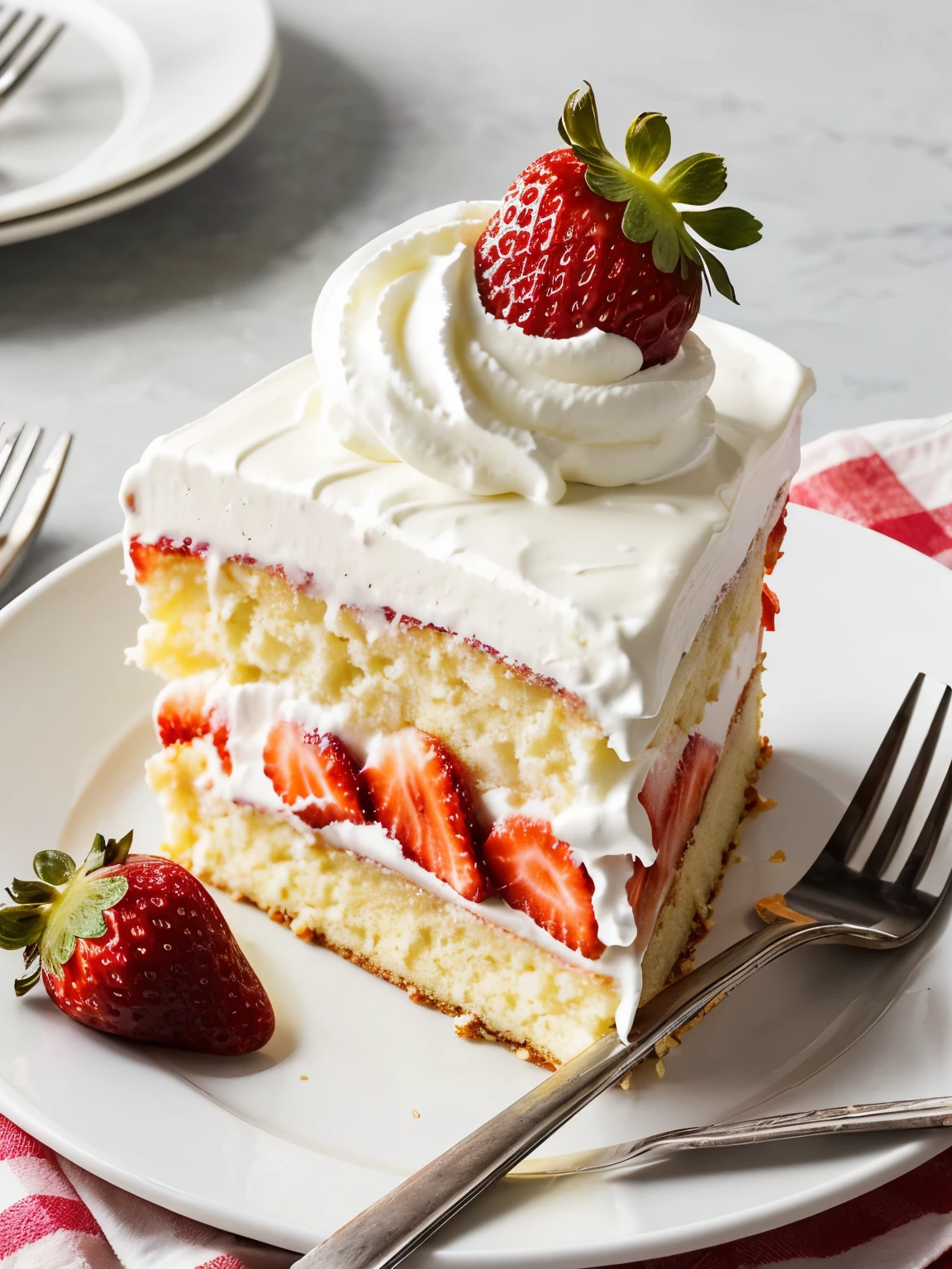 Fork, piece of cake, strawberries, cream, sunshine