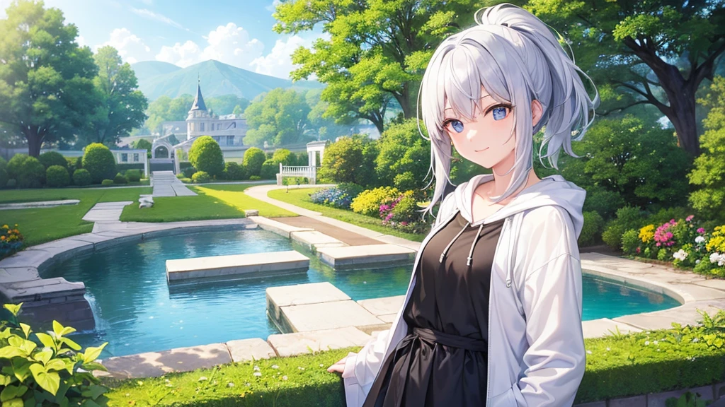 super high quality, with a girl, 20-year-old, very short hair, long bangs between the eyes, pale blue eyes , blue sky, sunlight, very detailed,(masterpiece、highest quality)、alone、gray hair、laughter、White skin as clear as snow、fantasy, silver hair, black eye, beautiful eyes,, ecstasy, charm, be smitten with audience, landscape shorts、white hoodie、Hoodie with open front、black shirt、fountain in the forest、flower garden、smile at the sky、I can see the sea、ponytail