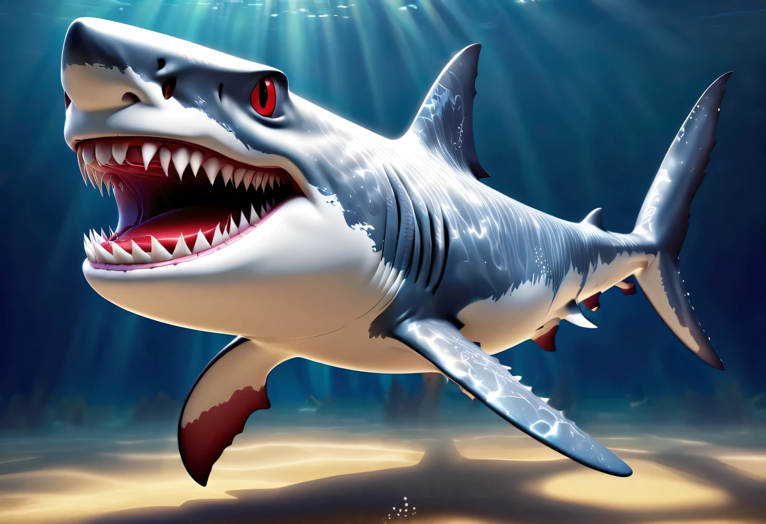 (role conception), Very unified CG design, (Reno Great White Shark is running away in the Japanese cartoons "shark tale"), (whole body), The Reno great white shark is a giant、majestic great white shark, Wear a necklace with red gemstones and a pair of gold sunglasses. His skin is dark blue, Covered with white scars, These scars bear witness to his countless battles and victories. His eyes are cold silver, Shining with cunning and wisdom. His teeth are sharp and pointy, His tail is strong and powerful. background: Holographic fairy tale city bank anthropomorphic cartoon, Pixar, Japanese cartoons, disney,