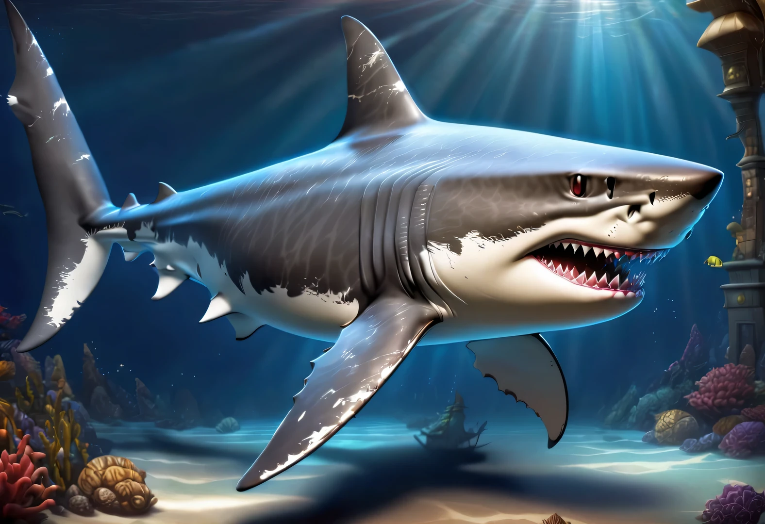 (role conception), Very unified CG design, (Reno Great White Shark is running away in the Japanese cartoons "shark tale"), (whole body), The Reno great white shark is a giant、majestic great white shark, Wear a necklace with red gemstones and a pair of gold sunglasses. His skin is dark blue, Covered with white scars, These scars bear witness to his countless battles and victories. His eyes are cold silver, Shining with cunning and wisdom. His teeth are sharp and pointy, His tail is strong and powerful. Reno&#39;s great white shark is a ferocious and domineering creature. background: Holographic Fairy Tale Bank,
Anthropomorphic cartoon, Pixar, Japanese cartoons, disney,