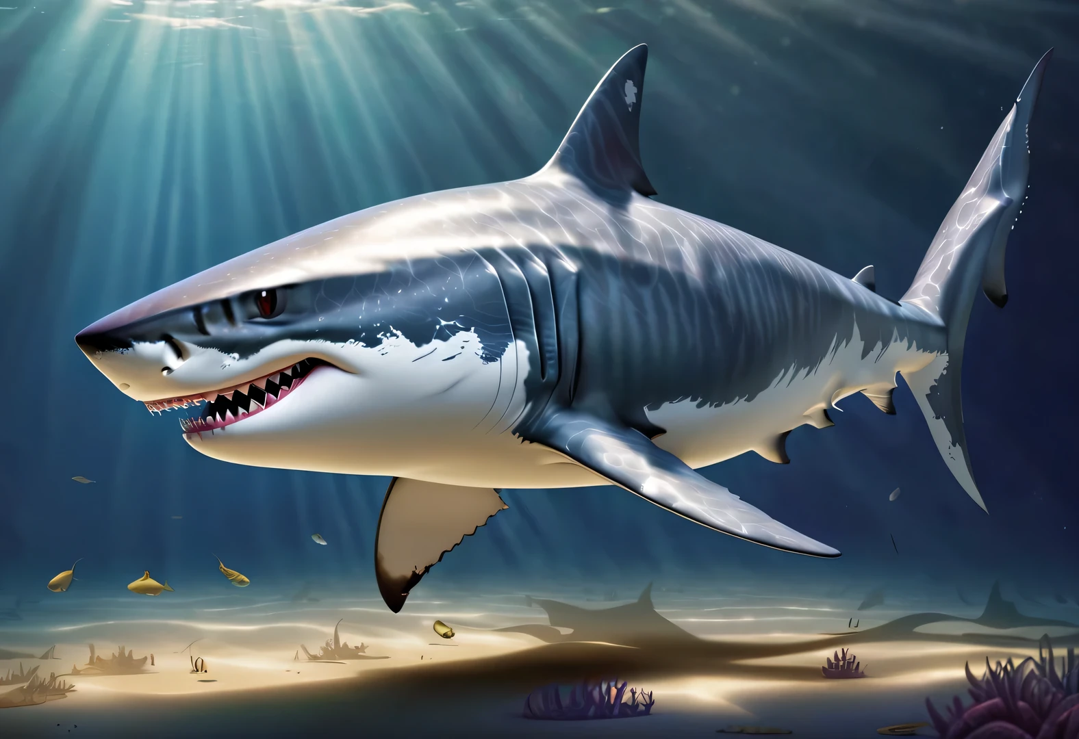 (role conception), Very unified CG design, (Reno Great White Shark is running away in the Japanese cartoons "shark tale"), (whole body), The Reno great white shark is a giant、majestic great white shark, Wear a necklace with red gemstones and a pair of gold sunglasses. His skin is dark blue, Covered with white scars, These scars bear witness to his countless battles and victories. His eyes are cold silver, Shining with cunning and wisdom. His teeth are sharp and pointy, His tail is strong and powerful. Reno&#39;s great white shark is a ferocious and domineering creature. background: Holographic Fairy Tale Bank,
Anthropomorphic cartoon, Pixar, Japanese cartoons, disney,