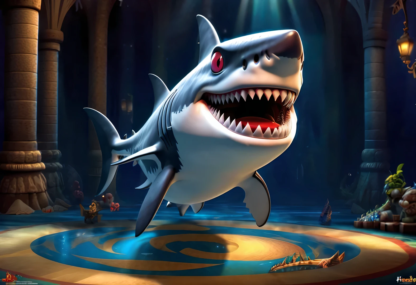 (role conception), Very unified CG design, (Reno Great White Shark is running away in the Japanese cartoons "shark tale"), (whole body), The Reno great white shark is a giant、majestic great white shark, Wear a necklace with red gemstones and a pair of gold sunglasses. His skin is dark blue, Covered with white scars, These scars bear witness to his countless battles and victories. His eyes are cold silver, Shining with cunning and wisdom. His teeth are sharp and pointy, His tail is strong and powerful. background: Holographic fairy tale city bank anthropomorphic cartoon, Pixar, Japanese cartoons, disney,