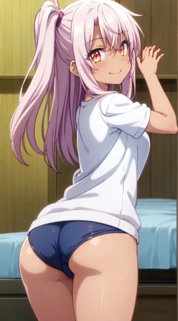 1girl, 1child, loli, 9years old, cowboy shot, dynamic pose, chloe, dark_skin, long_hair, pink_hair, yellow_eyes, hair_between_eyes, bangs, harf_updo, one_side_up, (blue buruma:1.4), white shirt, gym clothes, gigantic tits, big ass, naughty smile, bedroom, perfect anatomy, anime, anime screencap, nsfw,