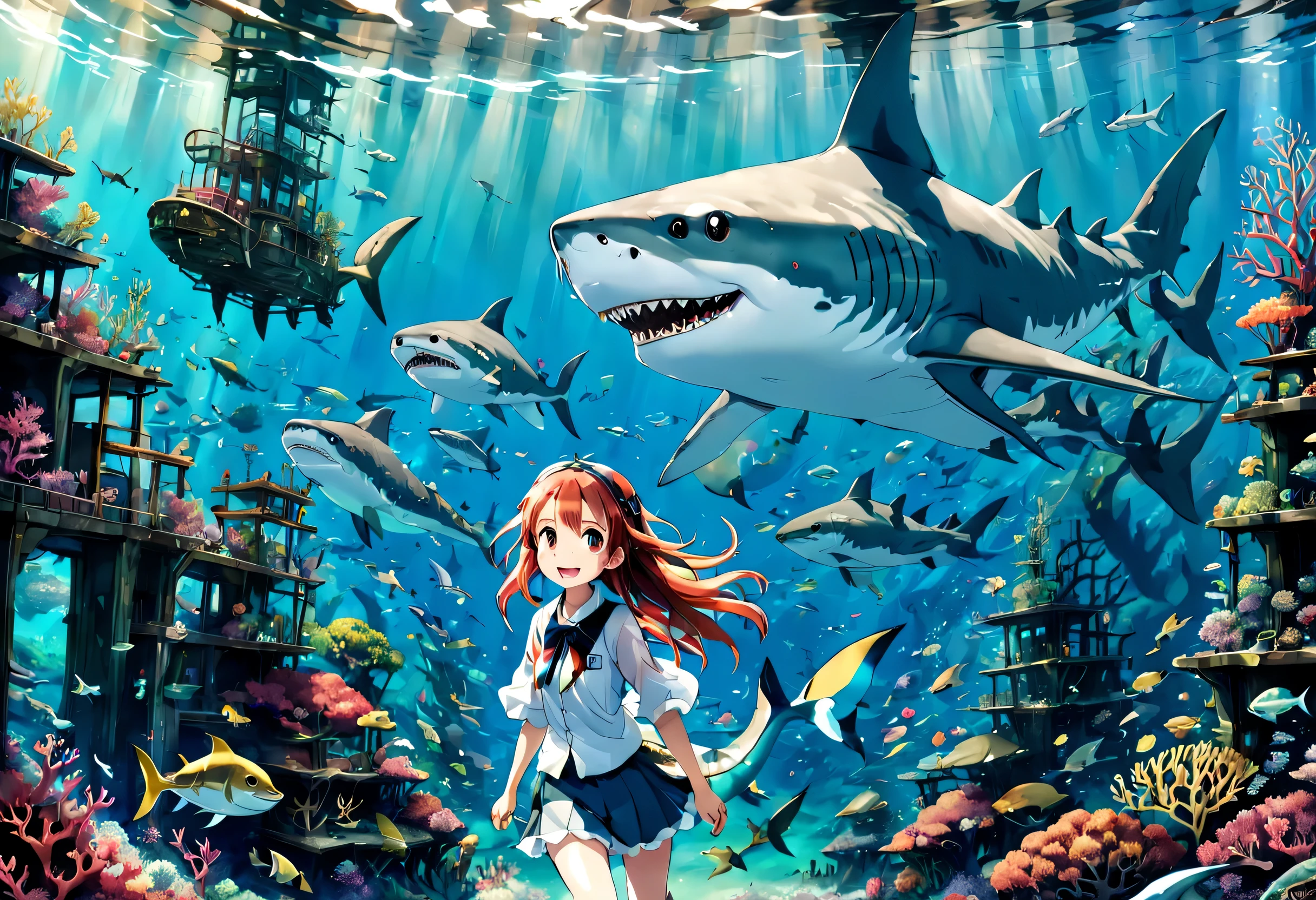 anime, Cute girl happily exploring the sea riding a shark, Beautiful sea with high transparency, Glowing coral reef, seaweed, School of small fish, sunken city (masterpiece), (highest quality), (ultra high resolution) )