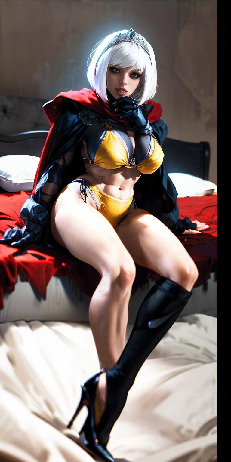 White hair, bob haircut with bangs. 16k ultra hd, portrait, photorealistic, fullbody, bedroom background, royal bedroom, black gloves, black socks, tiara, white hair, laying down on bed, red cape, yellow bikini, high heels