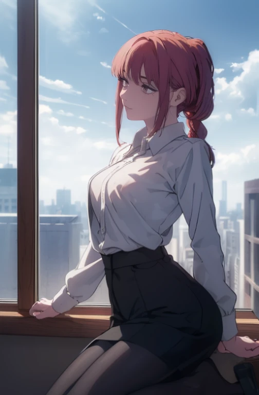 ((((Obra maestra, La mejor calidad, ultrahigh resolution)))), perfect anatomy, a woman with bred hair sitting on a window ledge naked and bent over, 1girl, solo, makima (chainsaw man), breasts, pantyhose, shirt, looking at viewer, red hair, sitting, open clothes, collared shirt, open shirt, smile, braided ponytail
