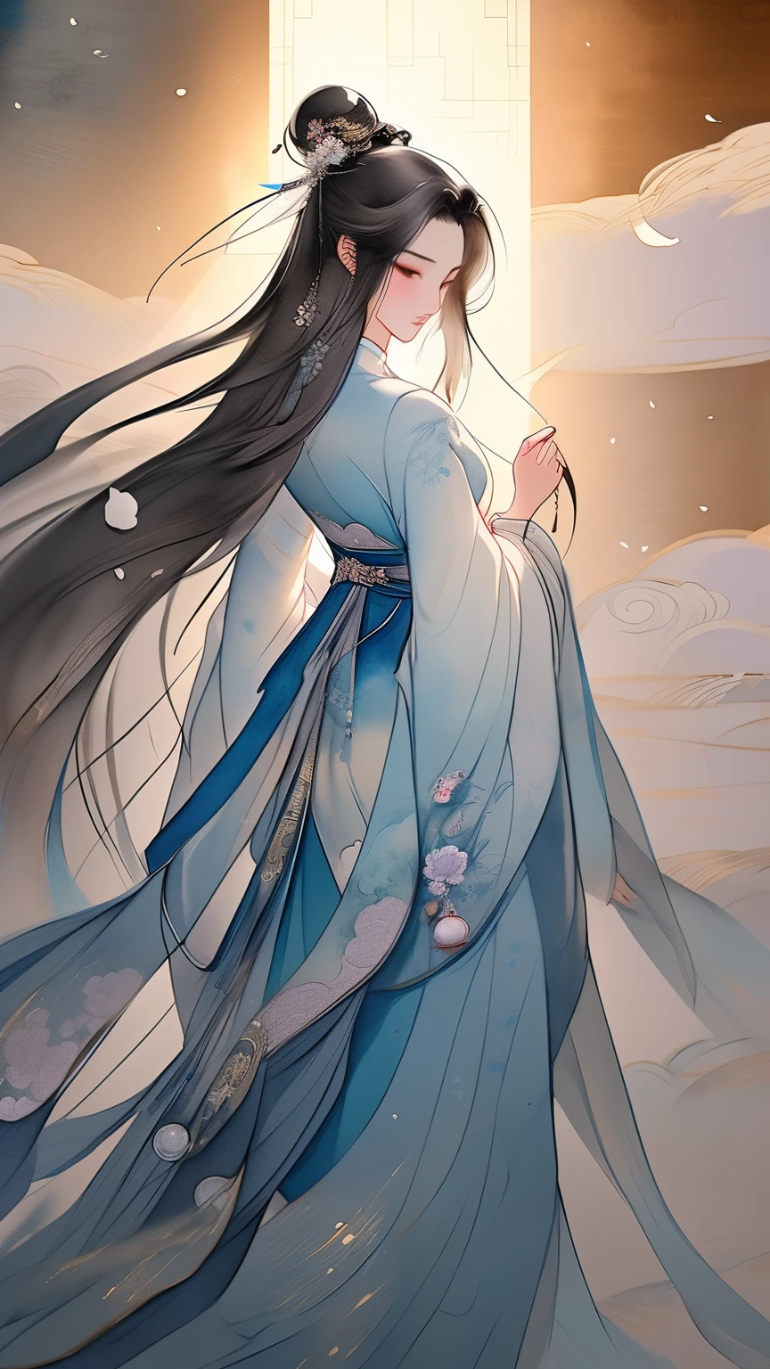 ink painting,watercolor smudge,1 girl, solo, long hair, black hair, hair accessories, long sleeves, flower, outdoor, sky, 毛flower, from behind, sash, contour, make up, night, China costume, night空, light particles, lantern, architecture, 纸lantern, Hanfu,1 girl, solo, black hair, hair accessories, long sleeves, Gorgeous silk dress, Hanfu,belt,long sleeves,damask,jewelry, Shut up, Permanent, whole body, flower, bun, vague, flower瓣, contour, night, China costume, 单bun, flower朵装饰的发簪,散开的long hair,红flower, night空, light particles,黄金jewelry, bead, architecture, updo, Hanfu,light particles,Beautiful light source,high quality, best quality,8K CG, Ultra-detailed, HD, masterpiece, Watercolor oil painting,丹青ink painting,ink painting彩晕染,bling,antique art,The background is decorated with auspicious clouds and silk ribbons,Elegant and peaceful atmosphere,Concept art illustration,Light painting rendering,Zen style, In line with Chinese aesthetics,The beauty of imaginary artistic conception,Beautiful digital illustration,粉红色的桃flowerflower瓣围绕着她