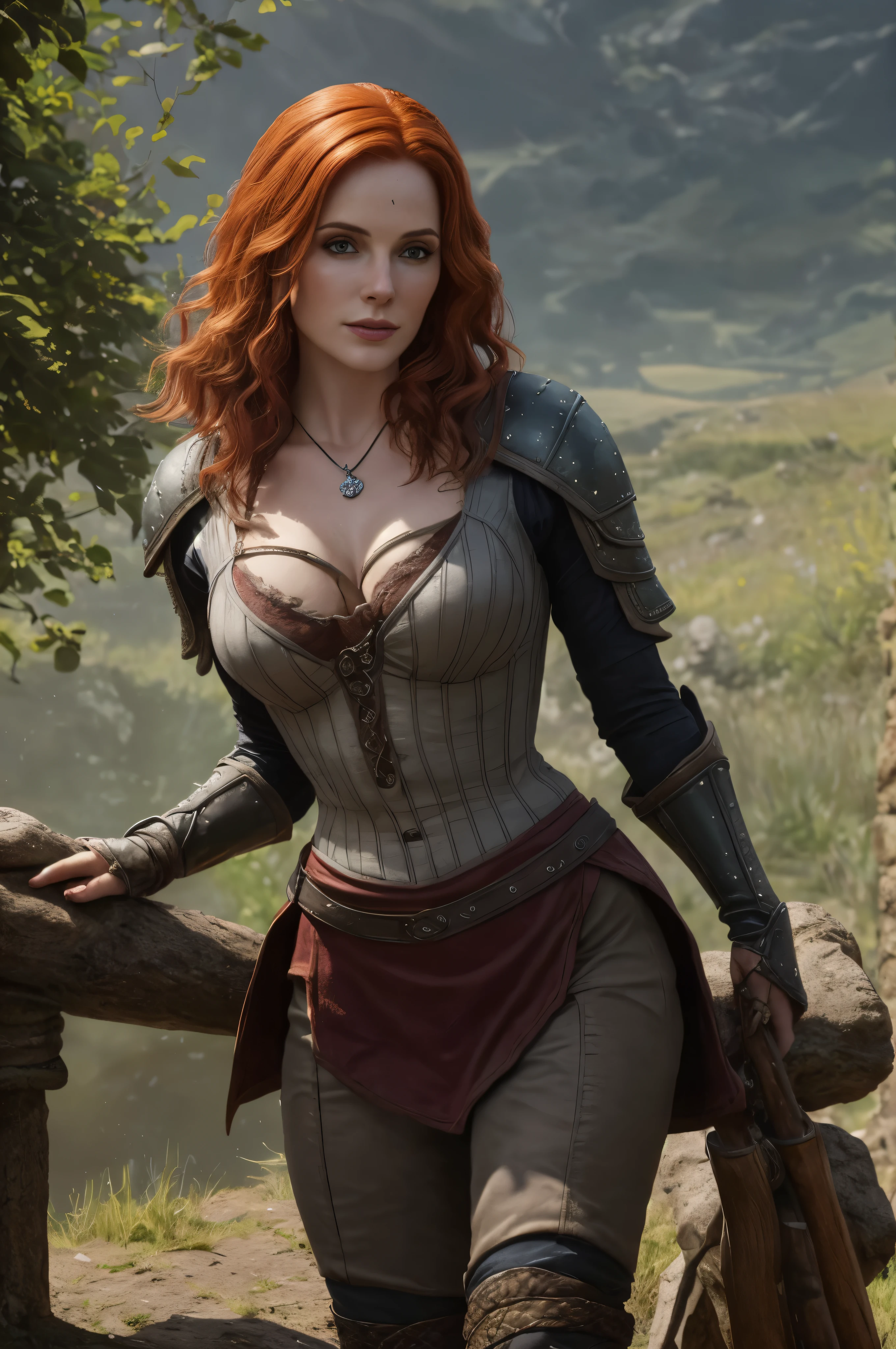 (Realistic:1.2), analog photo, RAW, female sorceress with red hair and tiny clothes, Triss Merigold, fantastic setting in "Witcher" style, whole body, Soft natural light, Cute and sexy, Pleasure, Detailed face and eyes, отличное Quality, masterpiece, detailed fantasy background with medieval setting, Quality: 16 thousand.