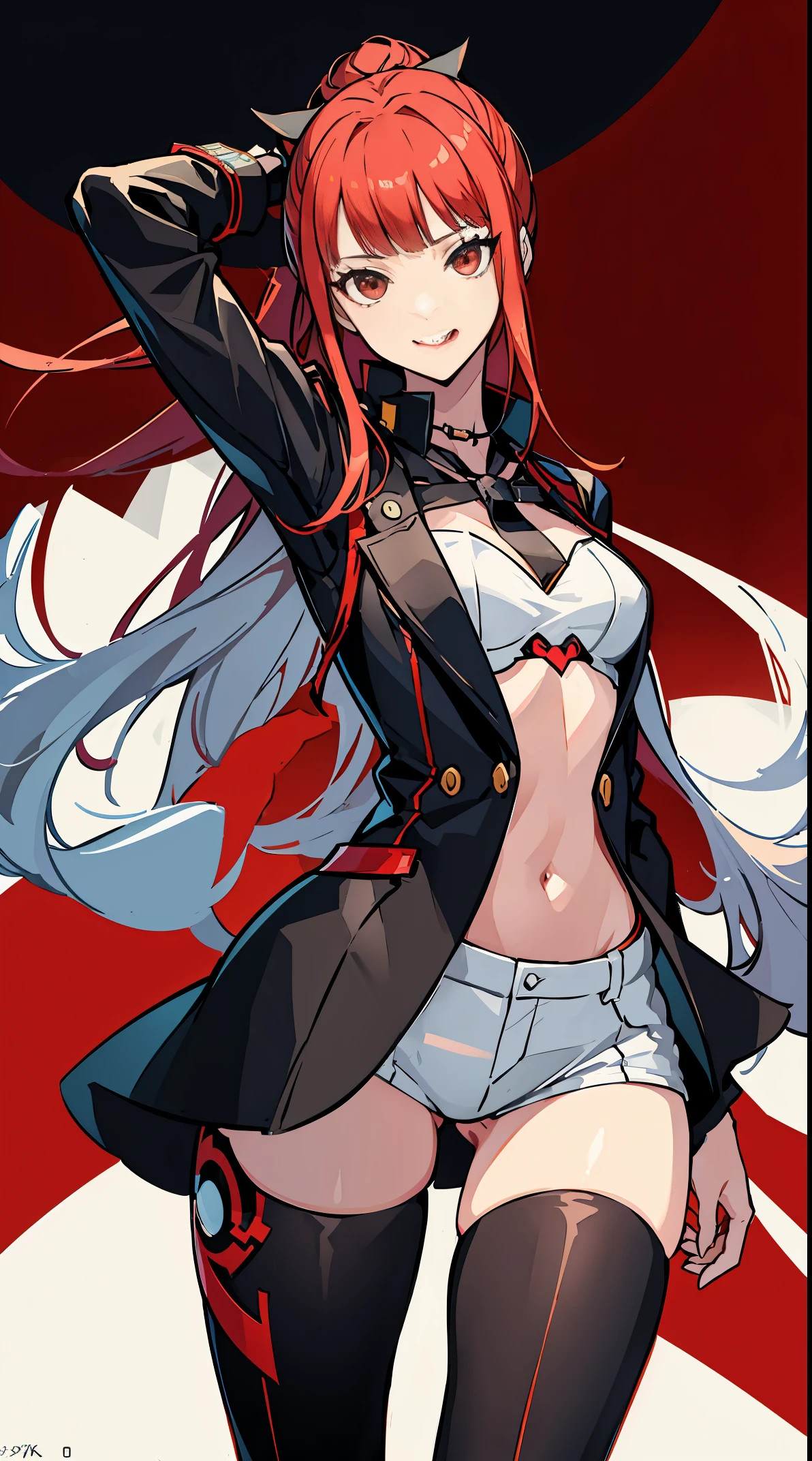 Persona 5 art style wlop, Persona 5 art style, character 5 style, Kasumi Yoshizawa, Girls in wear, whole body, high quality, 8k, open chest, ponytail, small breasts, Bangs, smooth thighs, Patsan, top quality, 8k, ultra high definition, beautiful eyes, Slender legs,back view,hot pants,red eyes,Playful,stick out your tongue,up-close