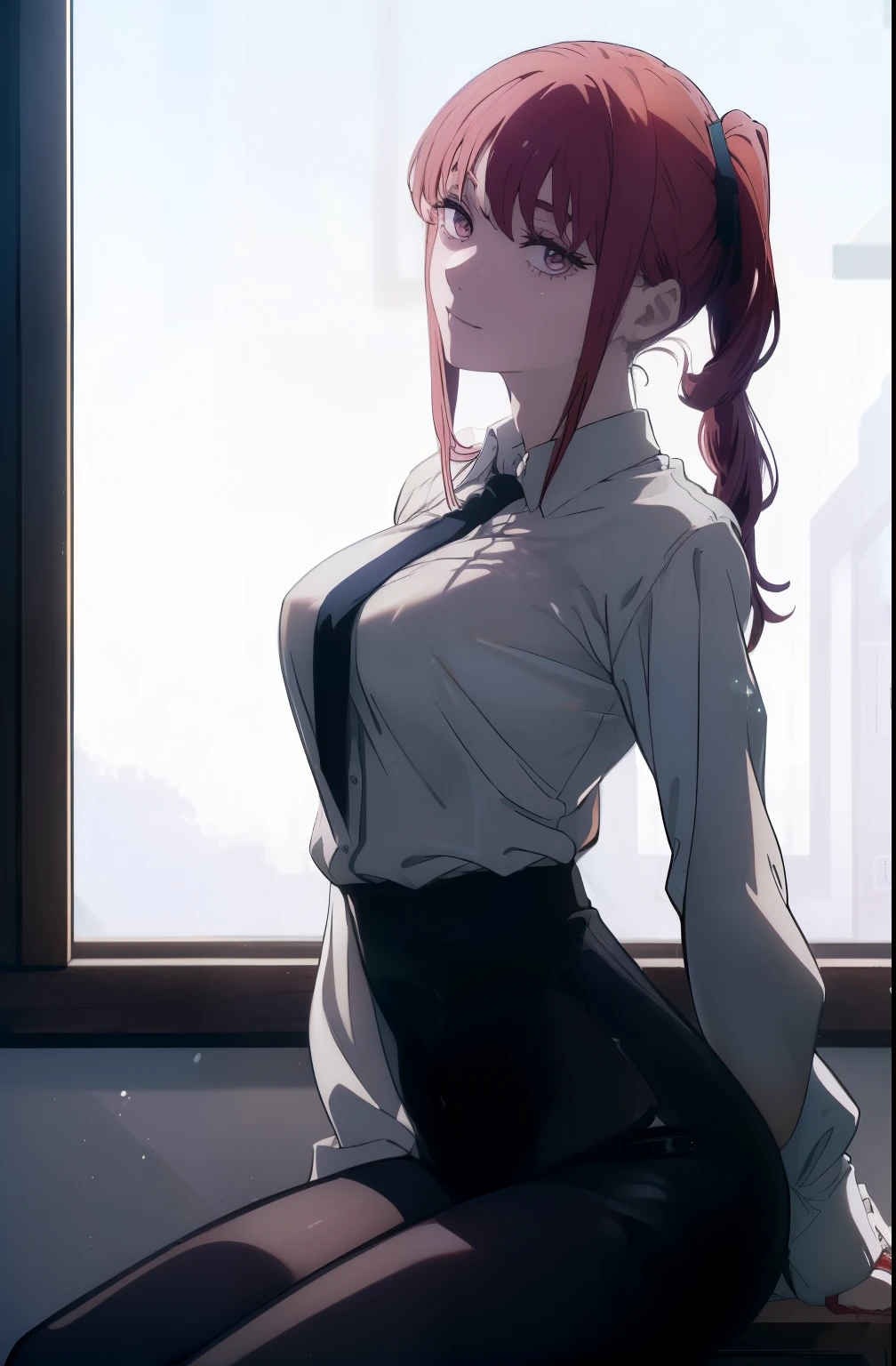 ((((Obra maestra, La mejor calidad, ultrahigh resolution)))), perfect anatomy, a woman with bred hair sitting on a window ledge naked and bent over, 1girl, solo, makima (chainsaw man), breasts, pantyhose, shirt, looking at viewer, red hair, sitting, open clothes, collared shirt, open shirt, smile, braided ponytail