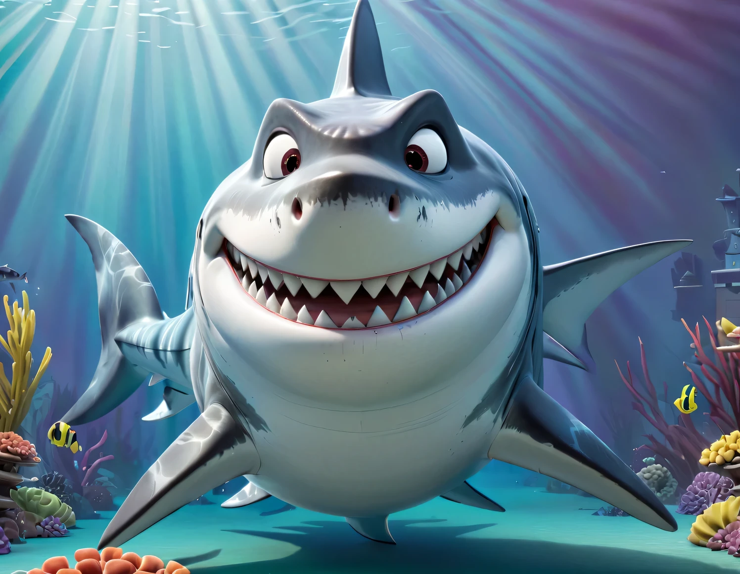 (role conception), Has a very unified CG design. in animated movies "shark tale", The leader of the gang, Jaws Reno, Is a powerful leader of the deep sea. Jaws Reno is a large and majestic great white shark, Dark blue skin，covered with white scars. These scars bear witness to his numerous battles and victories. His eyes are cold silver, Shining with cunning and wisdom. his teeth are sharp，Enough to easily tear apart any enemy who dares to challenge him. He wears many gold and silver ornaments, Set with red gemstones. his necklace and a pair of gold sunglasses, His tail is strong and powerful, Demonstrate tremendous power and control with every swing. His appearance is very impressive. Renault Great White Shark is powerful, domineering, and domineering gang leader, background: Holographic Fairy Tale City Bank，Anthropomorphic cartoon, Pixar, Japanese cartoons, disney,