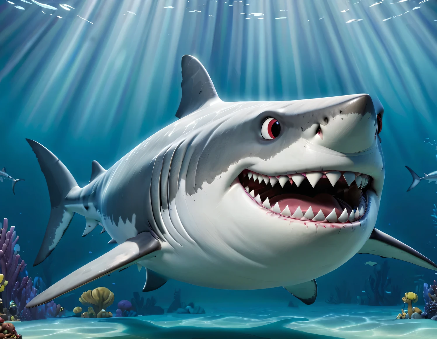 (role conception), Has a very unified CG design. in animated movies "shark tale", The leader of the gang, Jaws Reno, Is a powerful leader of the deep sea. Jaws Reno is a large and majestic great white shark, Dark blue skin，covered with white scars. These scars bear witness to his numerous battles and victories. His eyes are cold silver, Shining with cunning and wisdom. his teeth are sharp，Enough to easily tear apart any enemy who dares to challenge him. He wears many gold and silver ornaments, Set with red gemstones. his necklace and a pair of gold sunglasses, His tail is strong and powerful, Demonstrate tremendous power and control with every swing. His appearance is very impressive. Renault Great White Shark is powerful, domineering, and domineering gang leader, background: Holographic Fairy Tale City Bank，Anthropomorphic cartoon, Pixar, Japanese cartoons, disney,