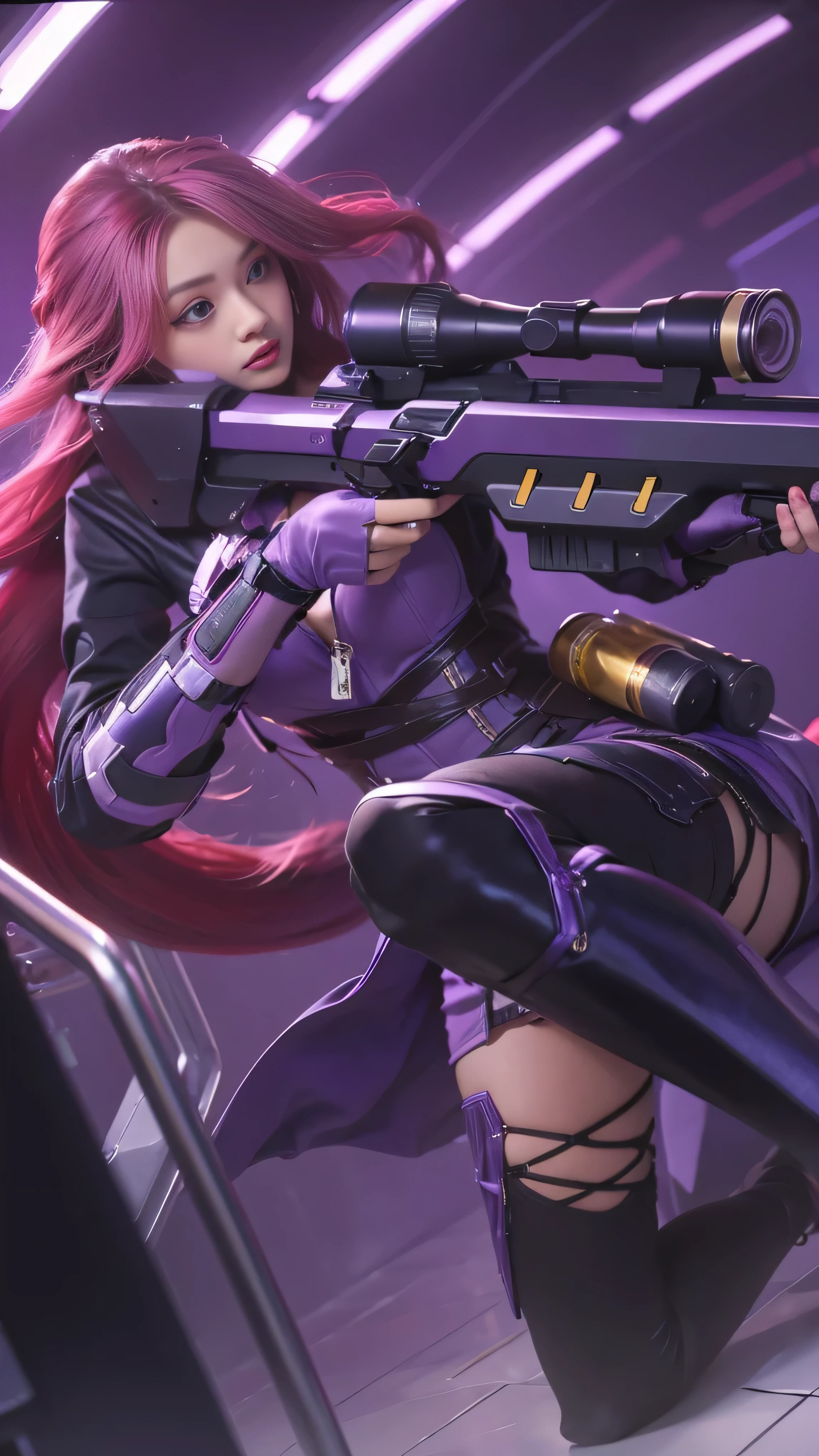 8k, very detailed, girl with a gun in her hand and purple background
