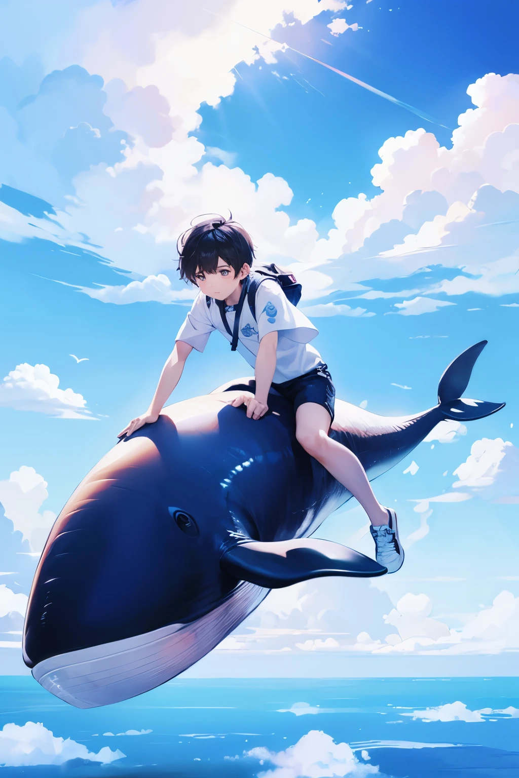 A boy rides on a whale in the clouds, Lying in Baiyun Wonderland, dreamlike illustration,,8K Ultra HD resolution。