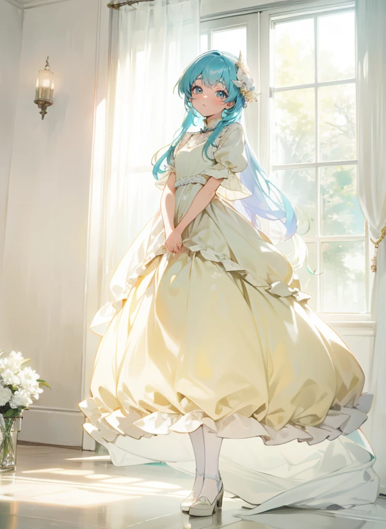 arafed girl in a 黄color dress standing in front of a window, Brilliant), full length view, light 黄color, lovely languid princess, wearing an organdy dress, cute:2, romantic dress, pastel, rococo dress, (((黄color))), Dreamy software, romantic gown, full length view, full length view, color: 黄color, dreamy style, to