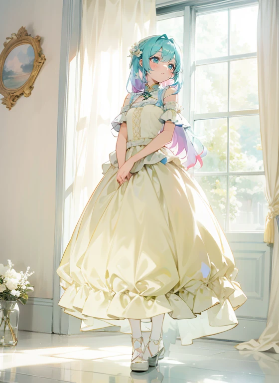 arafed girl in a 黄color dress standing in front of a window, Brilliant), full length view, light 黄color, lovely languid princess, wearing an organdy dress, cute:2, romantic dress, pastel, rococo dress, (((黄color))), Dreamy software, romantic gown, full length view, full length view, color: 黄color, dreamy style, to