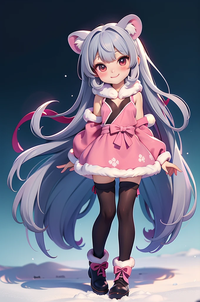 koala girl, smiles, (Very small breasts), winter costume with fluff, Warm, fur, Ribboned, knit sweater-in-dress, ribbon tie, Zettai-ryoiki, colorful tights, fur boots, full body Esbian, ​masterpiece, Ultra Quality。