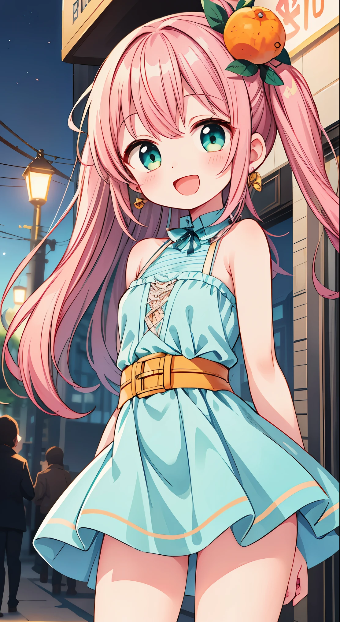 (masterpiece, top quality, best quality, official art, beautiful and aesthetic:1.2),ultra-detailed,intricate details,amazing illustration,award-winning art,atmospheric,
BREAK,



 1 beautiful girl, Solo,(Cute:1.5),(Chibi:0.8), (kawaii:1.5),(Lori:0.5), BREAK, (girl, Cute, Cheerful,  face, medium breasts:1.2),(Pink hair,disheveled short twin tails,tareme,Gold eyes:1.2),gleaming skin,Clear skin, cleavage of the breast,Beautiful , gleaming skin,Clear skin, Beautiful skin,( A smile:1.5),(best quality face),(Top quality glowing eyes),(The best smile,:D:1.45),

BREAK,(highly saturated (orange, tangerine) and green theme:1.4), (tone on tone:1.3), (wearing tangerine [[crochet]] hat:1.4), (green ribbon:1.4), (sleeveless (orange:1.1) and (white:0.7) [polka dot pattern] sundress:1.4), (bare shoulders:1.3), (suspenders with ruffles:1.2), (green belt with ribbon:1.3), (orange tiered skirt with ruffles:1.3), (platform HIGH boots:1.1), (green ribbon on head:1.3),
BREAK (fishnet stockings:1.3), (earrings shape of mandarin oranges:1.2),
BREAK

BREAK,(morning), The girl is breakdancing on the city street,(The city at night is wrapped in beautiful flowers of light. This light illuminates the buildings and streets of the city, dispelling the darkness. The flowers of light brighten people’s hearts and bring hope and joy. This scene is a symbol of beauty and hope, a moving moment.)depth of fields,

BREAK,wakame,wakame,wakame,(Cowboy Shot:1.4),

BREAK,(Blurry background:1.3),(absurderes, hight resolution, Super Detail Art),cel shading,Clear Color, Lonely optical effect, Beautiful pictures, Bright glow, mystic atmosphere,(Close-up of girl:1.1), Mystical light particle effect,manga influence, clean line drawings,