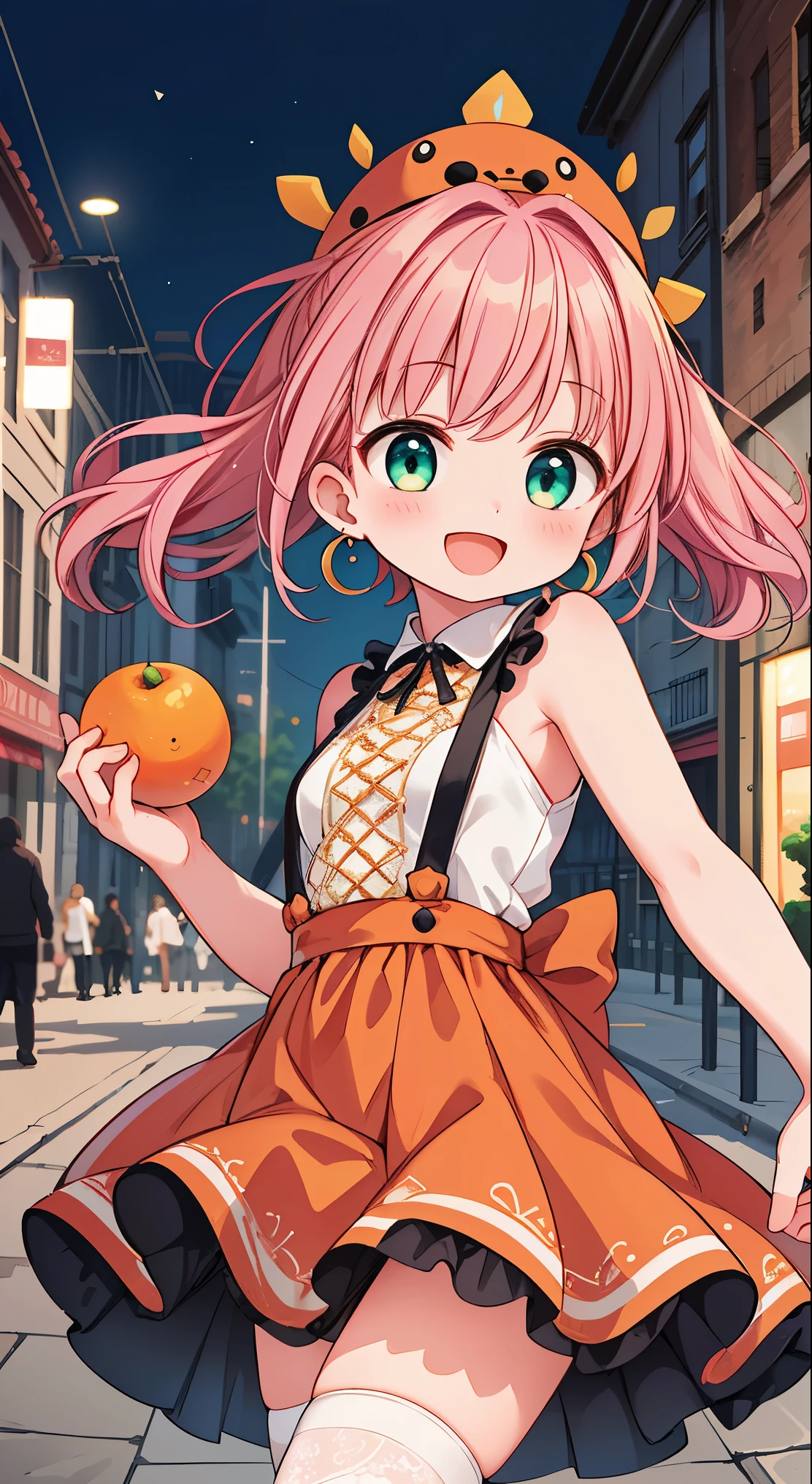 (masterpiece, top quality, best quality, official art, beautiful and aesthetic:1.2),ultra-detailed,intricate details,amazing illustration,award-winning art,atmospheric,
BREAK,



 1 beautiful girl, Solo,(Cute:1.5),(Chibi:0.8), (kawaii:1.5),(Lori:0.5), BREAK, (girl, Cute, Cheerful,  face, medium breasts:1.2),(Pink hair,disheveled short twin tails,tareme,Gold eyes:1.2),gleaming skin,Clear skin, cleavage of the breast,Beautiful , gleaming skin,Clear skin, Beautiful skin,( A smile:1.5),(best quality face),(Top quality glowing eyes),(The best smile,:D:1.45),

BREAK,(highly saturated (orange, tangerine) and green theme:1.4), (tone on tone:1.3), (wearing tangerine [[crochet]] hat:1.4), (green ribbon:1.4), (sleeveless (orange:1.1) and (white:0.7) [polka dot pattern] sundress:1.4), (bare shoulders:1.3), (suspenders with ruffles:1.2), (green belt with ribbon:1.3), (orange tiered skirt with ruffles:1.3), (platform HIGH boots:1.1), (green ribbon on head:1.3),
BREAK (fishnet stockings:1.3), (earrings shape of mandarin oranges:1.2),
BREAK

BREAK,(morning), The girl is breakdancing on the city street,(The city at night is wrapped in beautiful flowers of light. This light illuminates the buildings and streets of the city, dispelling the darkness. The flowers of light brighten people’s hearts and bring hope and joy. This scene is a symbol of beauty and hope, a moving moment.)depth of fields,

BREAK,wakame,wakame,wakame,(Cowboy Shot:1.4),

BREAK,(Blurry background:1.3),(absurderes, hight resolution, Super Detail Art),cel shading,Clear Color, Lonely optical effect, Beautiful pictures, Bright glow, mystic atmosphere,(Close-up of girl:1.1), Mystical light particle effect,manga influence, clean line drawings,