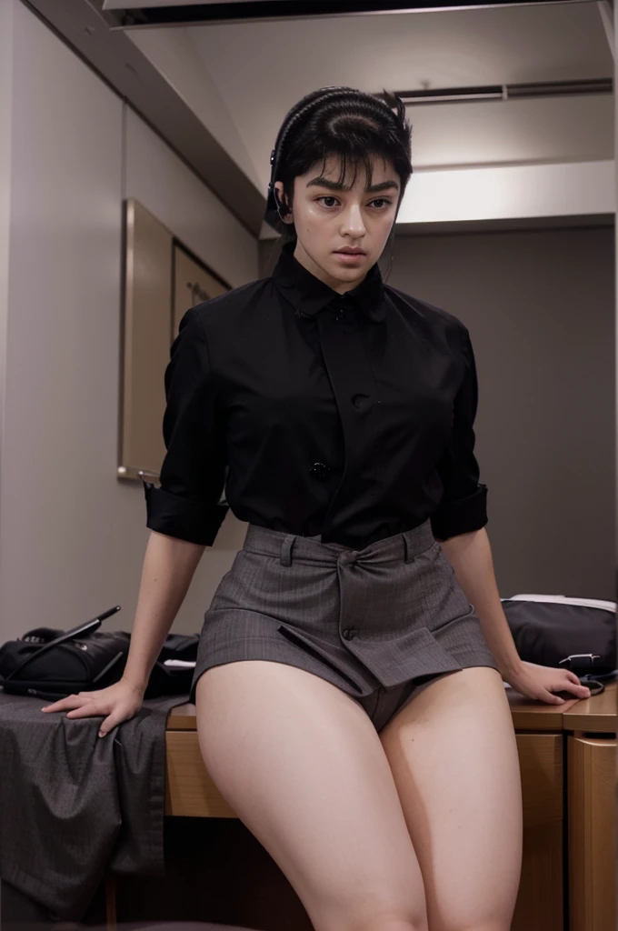 Wearing a strict black business suit, wearing a strict suit, on the desk, in a strict suit, japanese goddess, Wearing stockings and a skirt business suit, elegant legs, look ahead seductively, crossed legs, dull bangs, purple eyes, White button-up shirt, headphones, thick, thick thighs