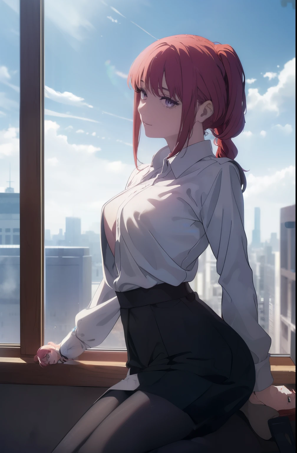 ((((Obra maestra, La mejor calidad, ultrahigh resolution)))), perfect anatomy, a woman with bred hair sitting on a window ledge naked and bent over, 1girl, solo, makima (chainsaw man), breasts, pantyhose, shirt, looking at viewer, red hair, sitting, open clothes, collared shirt, open shirt, smile, braided ponytail