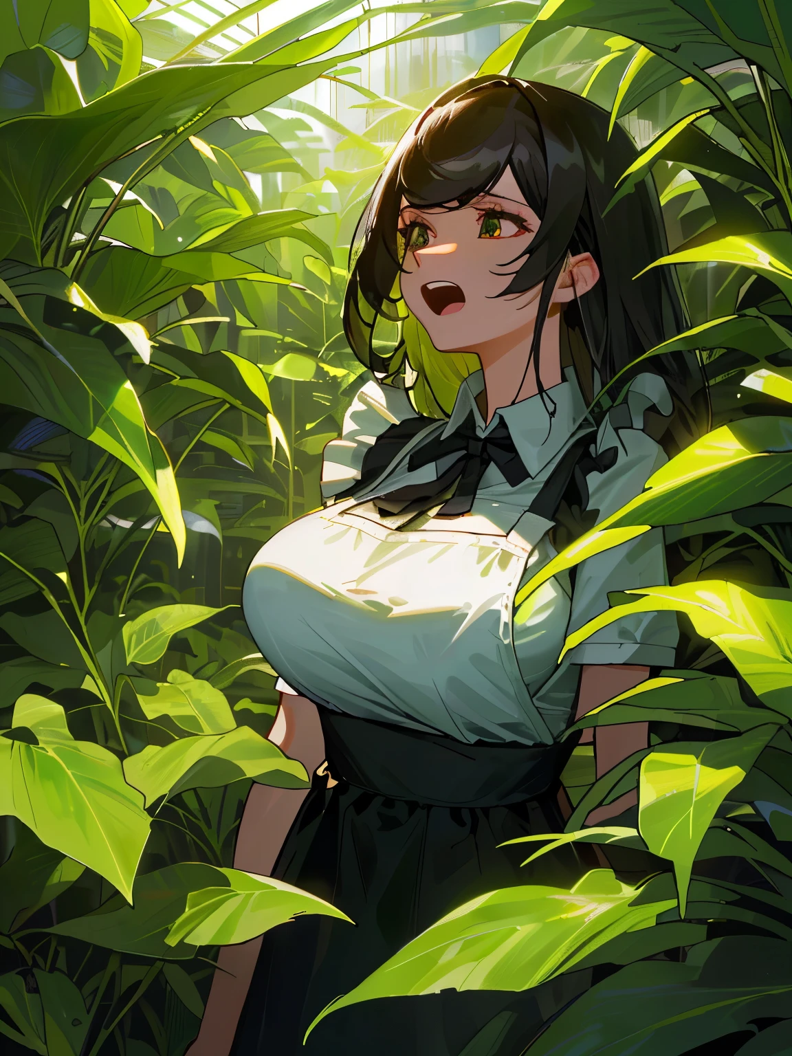 ((Darkness)), ((Screaming)), solo, a woman, ((upper body, big breasts, full bangs)), wearing apron and skirt, greenhouse at night, tropical rainforest plants