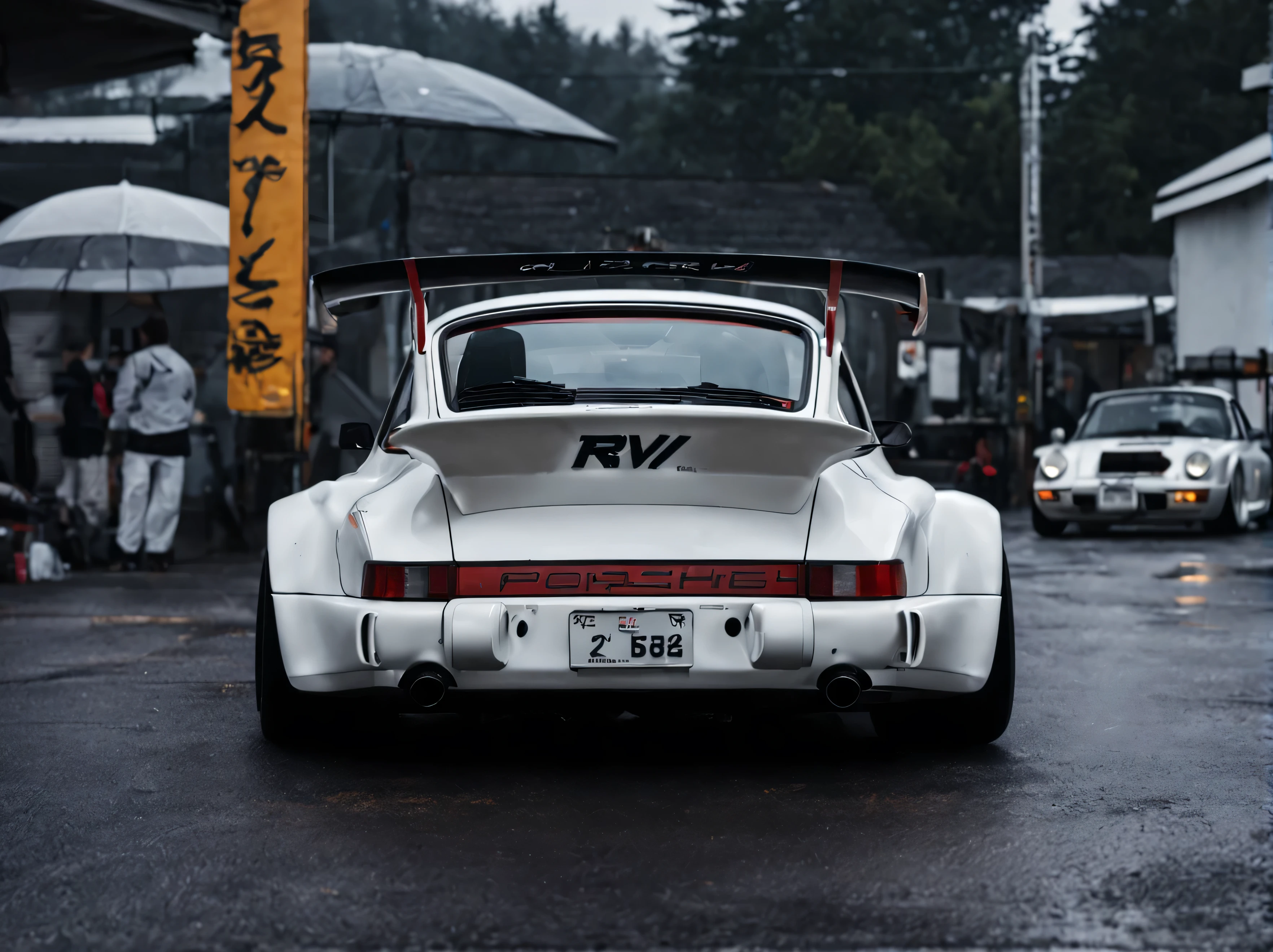 white RWB Porsche 964 from back, dark wheels, japan district, old shop, wet weather