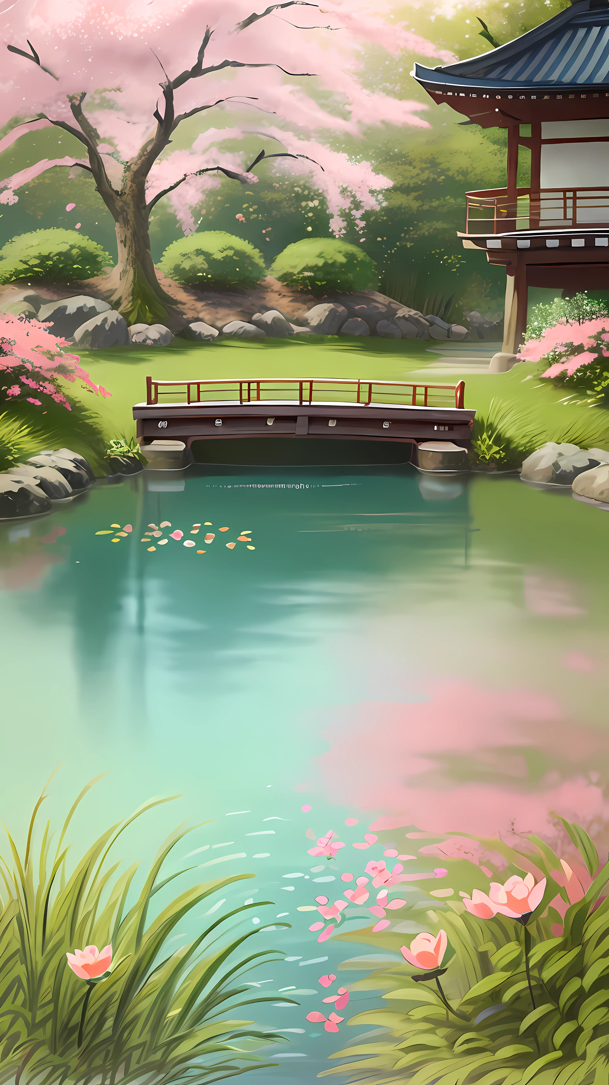 (digital painting),(best quality), (building:1.3), Tranquil Japanese garden, cherry blossoms in bloom, Koi pond, Footbridge, pagoda, Ukiyo-e art style, Katsushika Hokusai&#39;s inspiration, unusual art pop, 8K hyper-realism, Pastel color scheme, soft light, prime time, peaceful atmosphere, Transverse