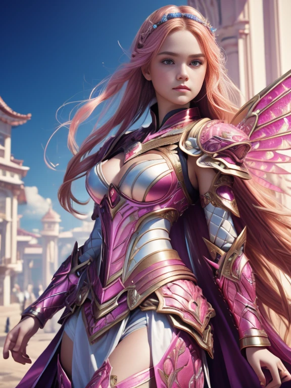 1 girl age 19, solo, aesthetic artwork, irish pinkhead, long wavy ginger hair, grayeyes light, some small freckles on the face, pale skin, A-cup, medium breasts, slim body, runners body, (textured skin, skin pores:1,1), (moles:0,8), imperfect skin, (super mecha armor pink and white, intrincate detail, high detailed), ((long skirt armor metalic pink, high detailed)), (super huge mechanical pink and white wings), (extremely detailed 8K wallpaper),soft lighting, high quality, film grain, fujifilm XT3 sharp focus, f 5.6, 50mm, high detailed, sharp focus, complex details