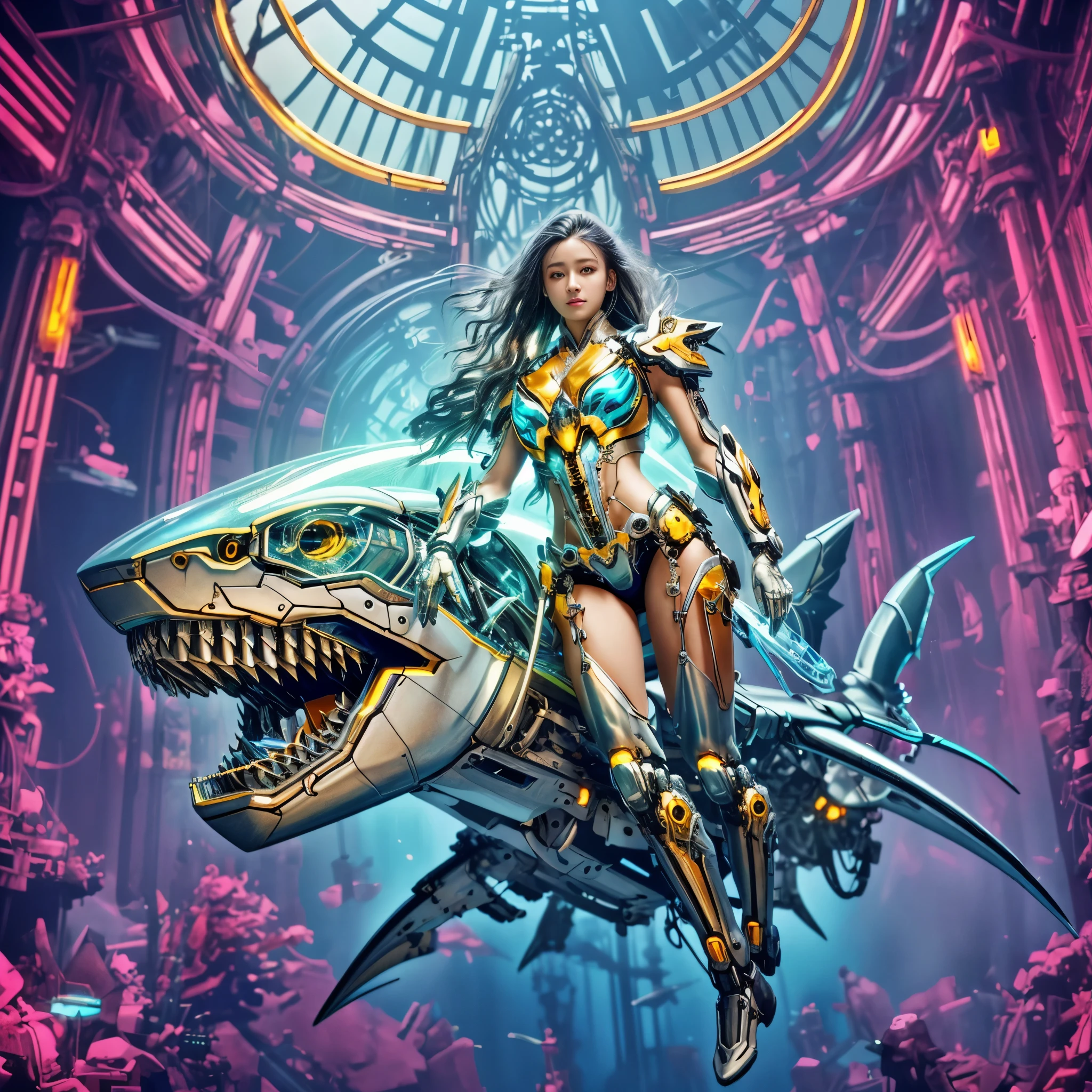 beautiful girl，Transparent mechanical shark，cyberpunk，Dreamy glow，glowing neon light，（全局illumination，Ray tracing，HDR，Unrealistic rendering，Rational design，high detail，masterpiece，best quality，ultra high definition，illumination），mecha musume
