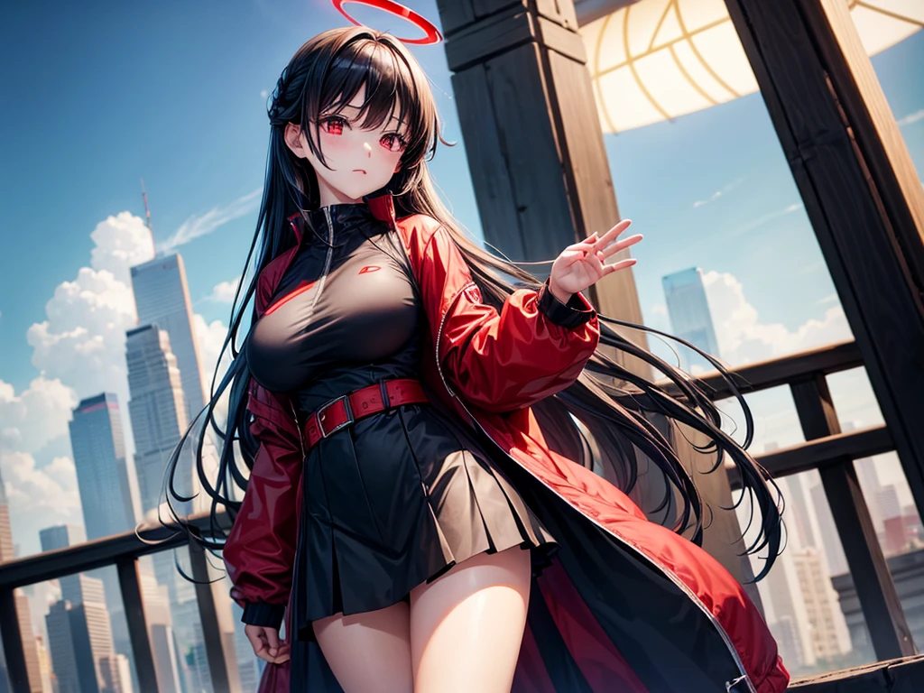 Two dimensions。See the world from first person perspective。Adult woman with very good figure and big breasts。Stand up in the universe。Extend your hands outward in a very sacred gesture。red eyes,red black hair。She was wearing an unusually revealing outfit but had a,Wearing a long black windbreaker skirt。There are black threads on the legs。And there is a red halo behind her。