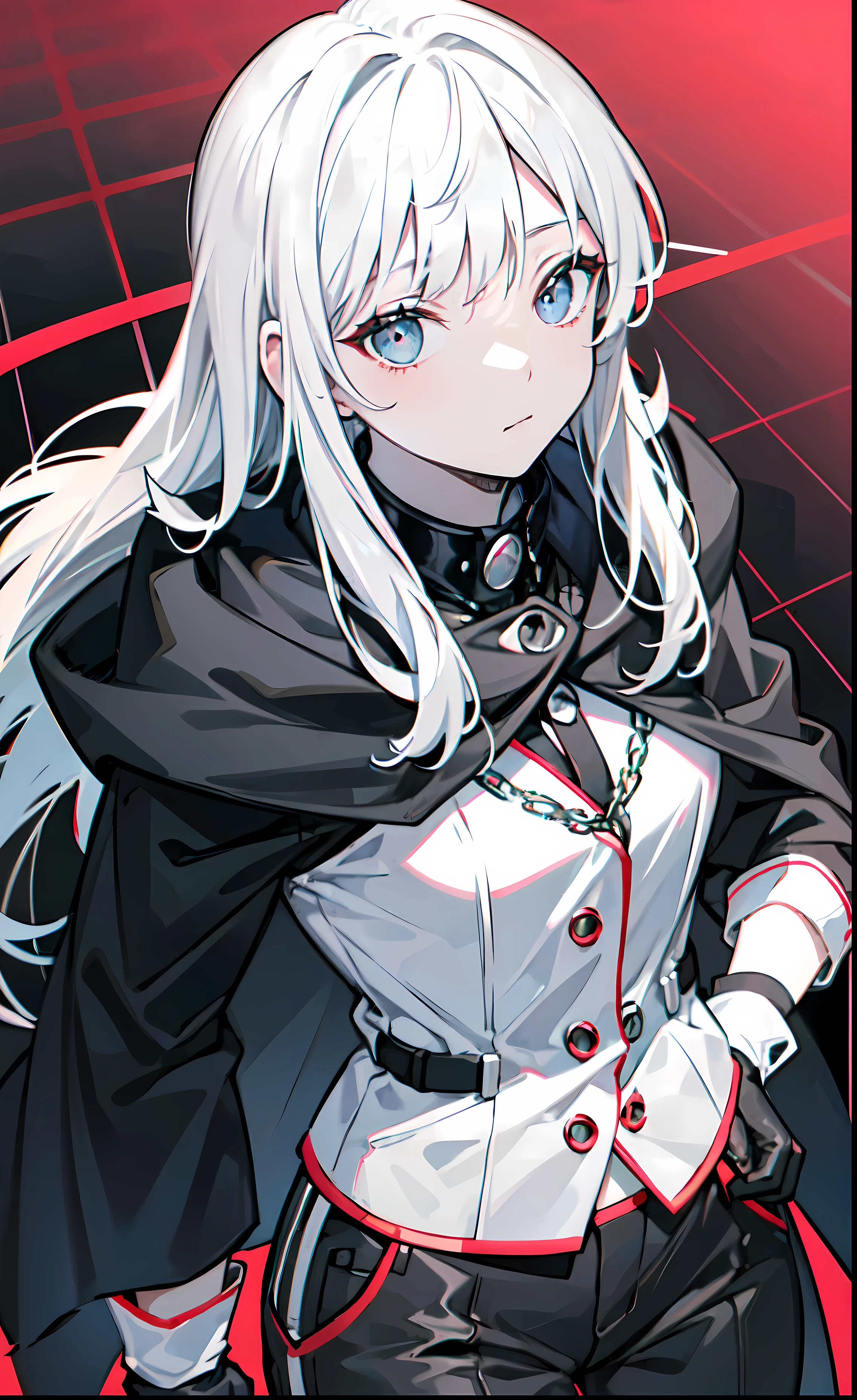 detailed, (masterpiece:1.2), (pale_skin), (solo:1.2), (female), (emphasis lines:1.3), slender, (gray hair), long hair, blue eyes, looking up, board, chains, buttons, pants, gloves, closed mouth, confused