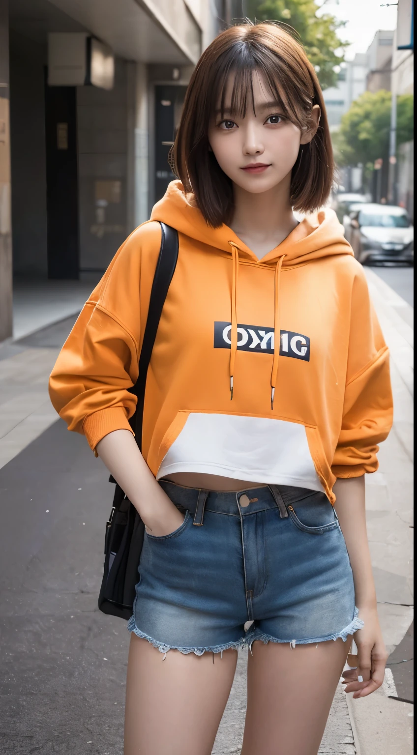 Innocent girl、((Street fashion,Wearing a random colored oversized hoodie,very short shorts,dramatic pose)),Orange clothes、orange hair、short trousers of black color、cute face,bright eyes,tear bag,honeycomb smile、shy smile,shortcut、Background where the sun can be seen、bright background、(highest quality:1.0), (realistic:1.0), (8K, RAW photo:1.1), (8k非常にbe familiar withなCGユニットの壁紙), (highest quality), (best illustrations), (best shadow), (be familiar with: 1.4), 3D, HDR (high dynamic range), ray tracing, NVIDIA RTX, super resolution, Scattered beneath the surface, PBR texture, Post-processing, anisotropic filtering, written boundary depth, maximum sharpness and acutance, multilayer texture, Albedo and highlight mapping, surface shading, Accurate simulation of light-matter interactions, perfect proportions, octane rendering, surreal、Photographed with Canon EOS R5、50mm lens、f / 2.8